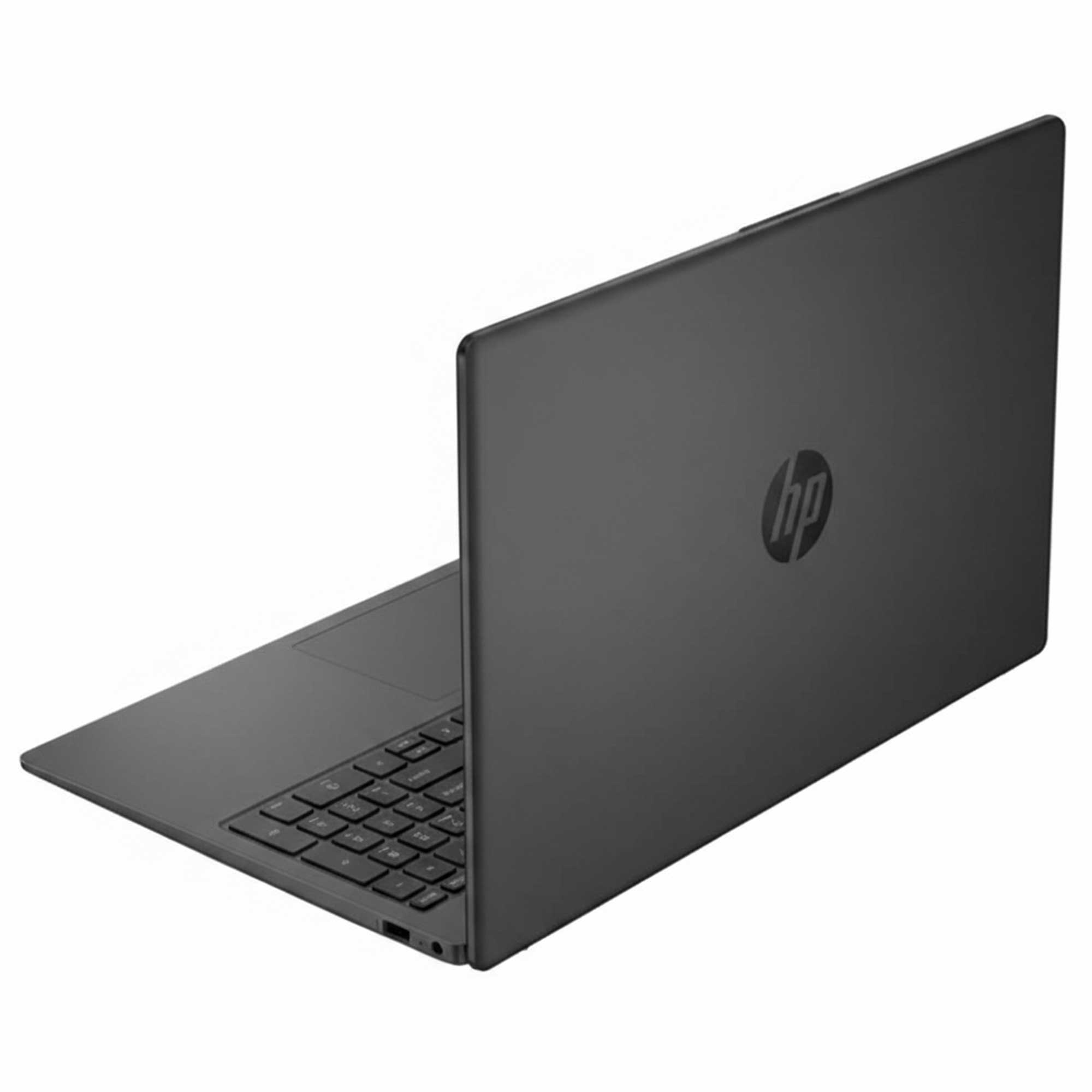 Klavye ve dokunmatik yüzeye sahip koyu renkli bir HP dizüstü bilgisayar, sol üst açıdan görünüm.