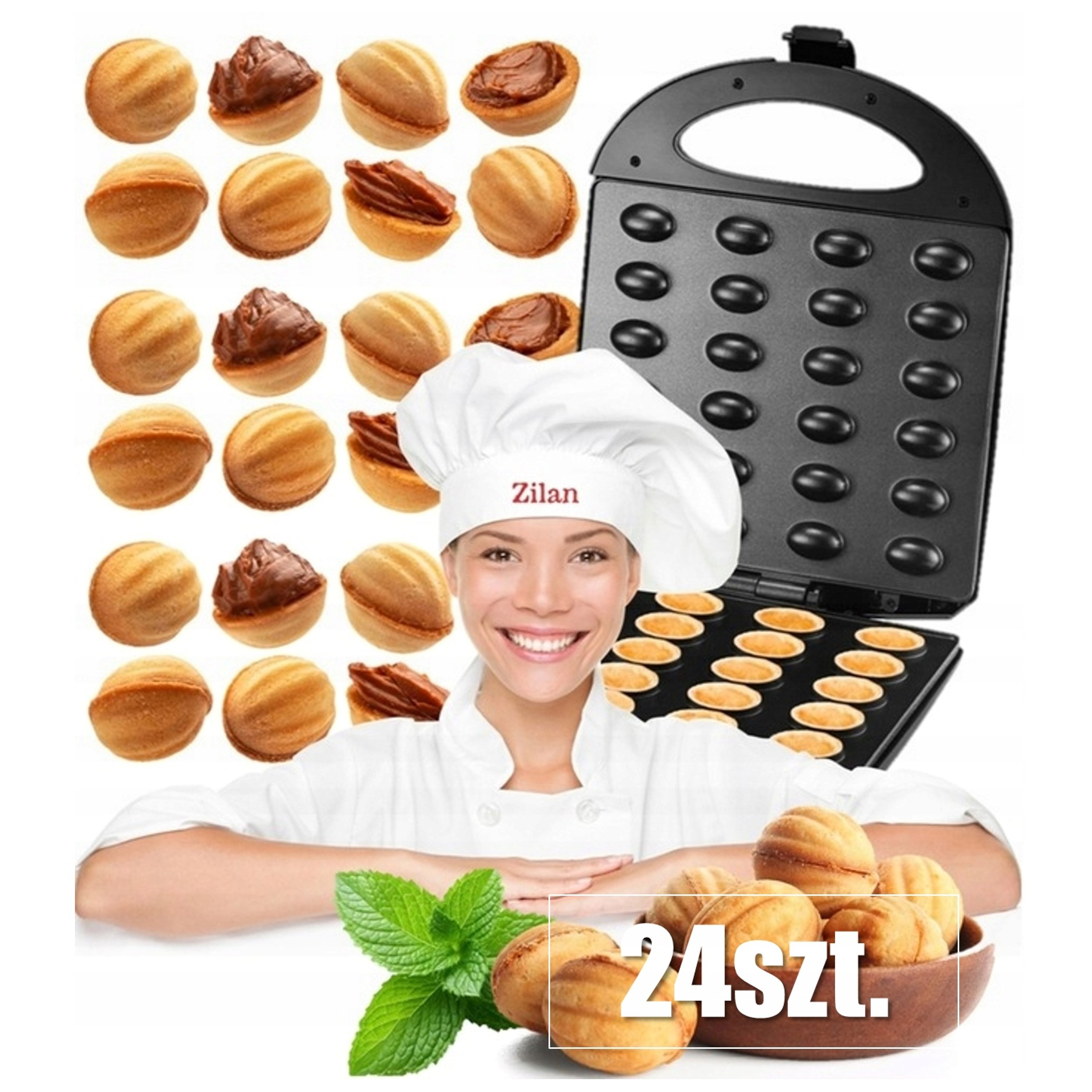 Uśmiechnięta kucharka prezentuje gofrownicę i nadziewane ciasteczka.