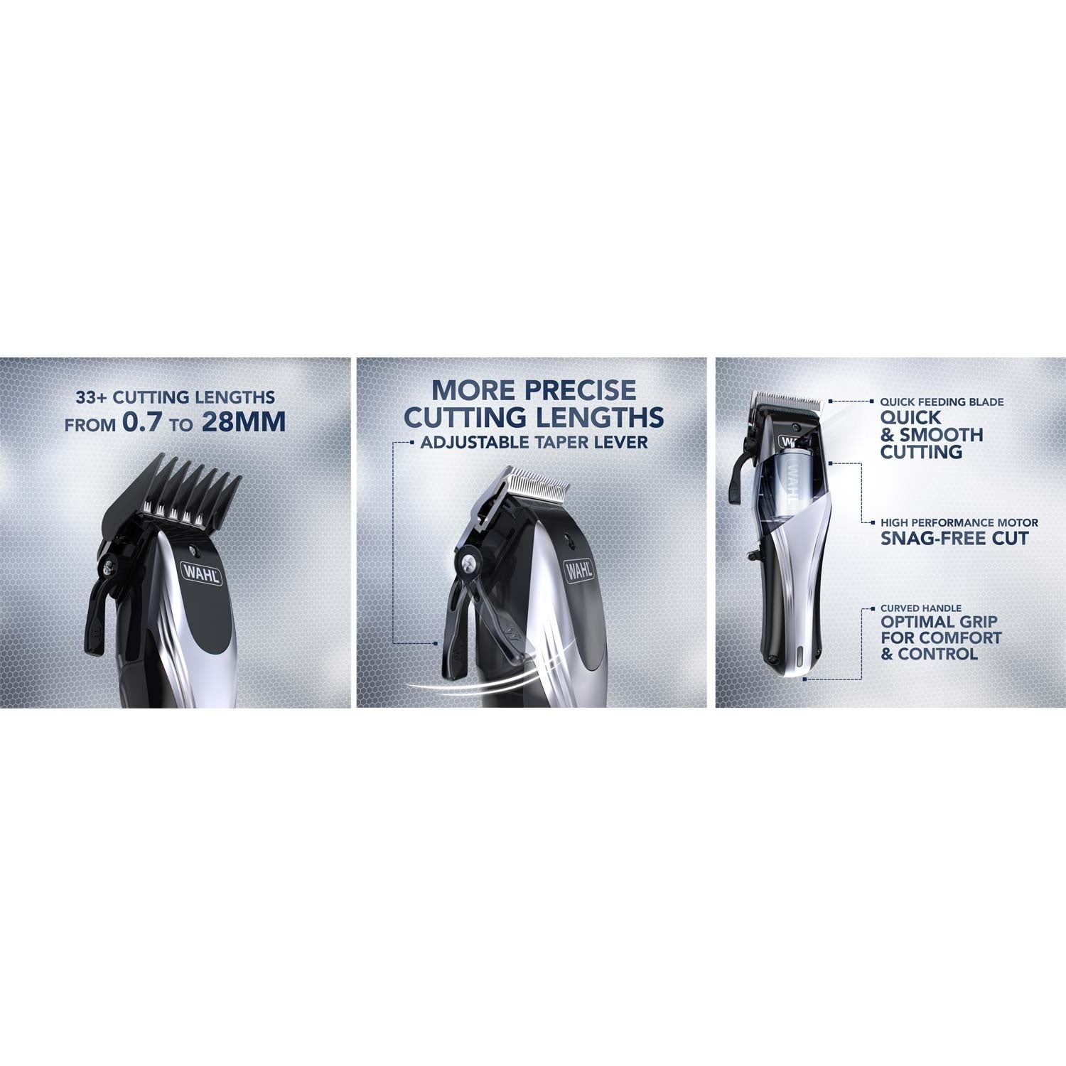 Srebrno-czarna maszynka do strzyżenia włosów z różnymi nasadkami i dźwigniami.