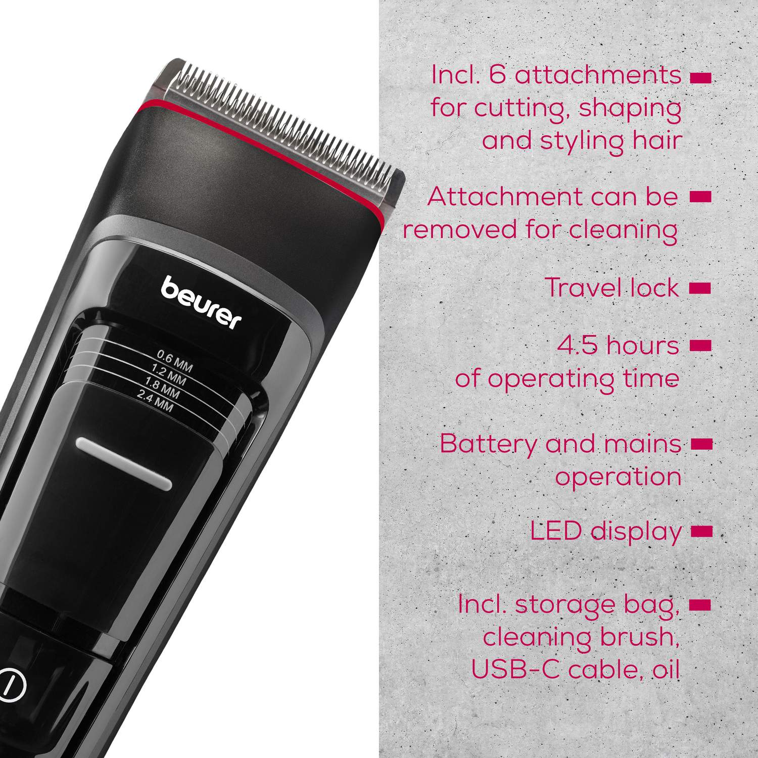 Black Beurer hair trimmer with length settings and red accents.