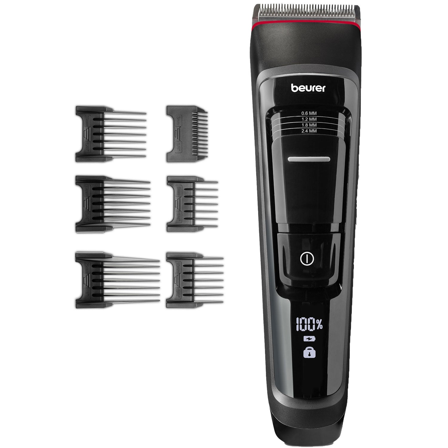 A black hair clipper with attachments and a digital display. 100% battery.