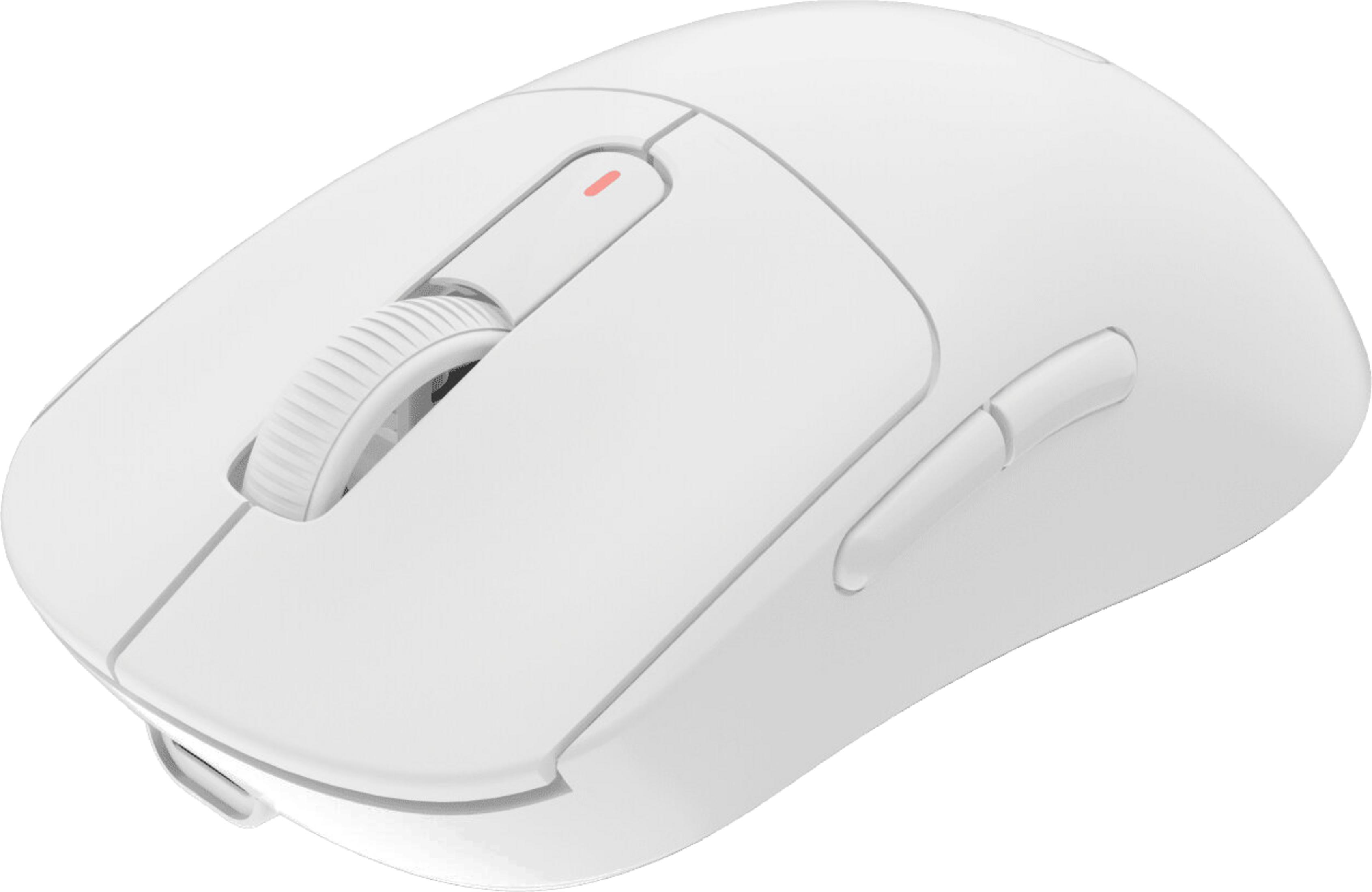 Un mouse per computer bianco con rotellina e due pulsanti.