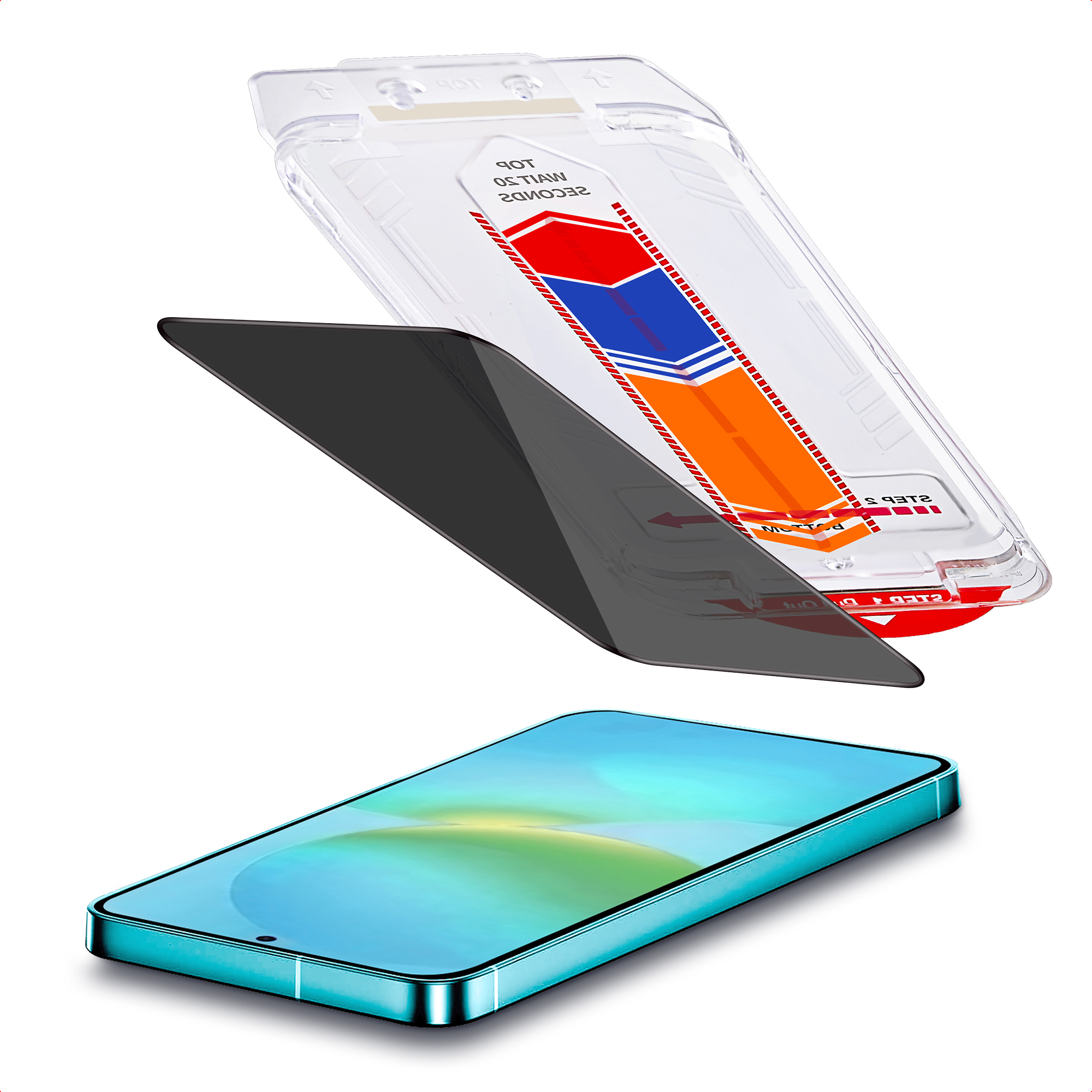 Un applicateur de protecteur d'écran en plastique transparent repose sur un protecteur d'écran sombre et un smartphone turquoise.