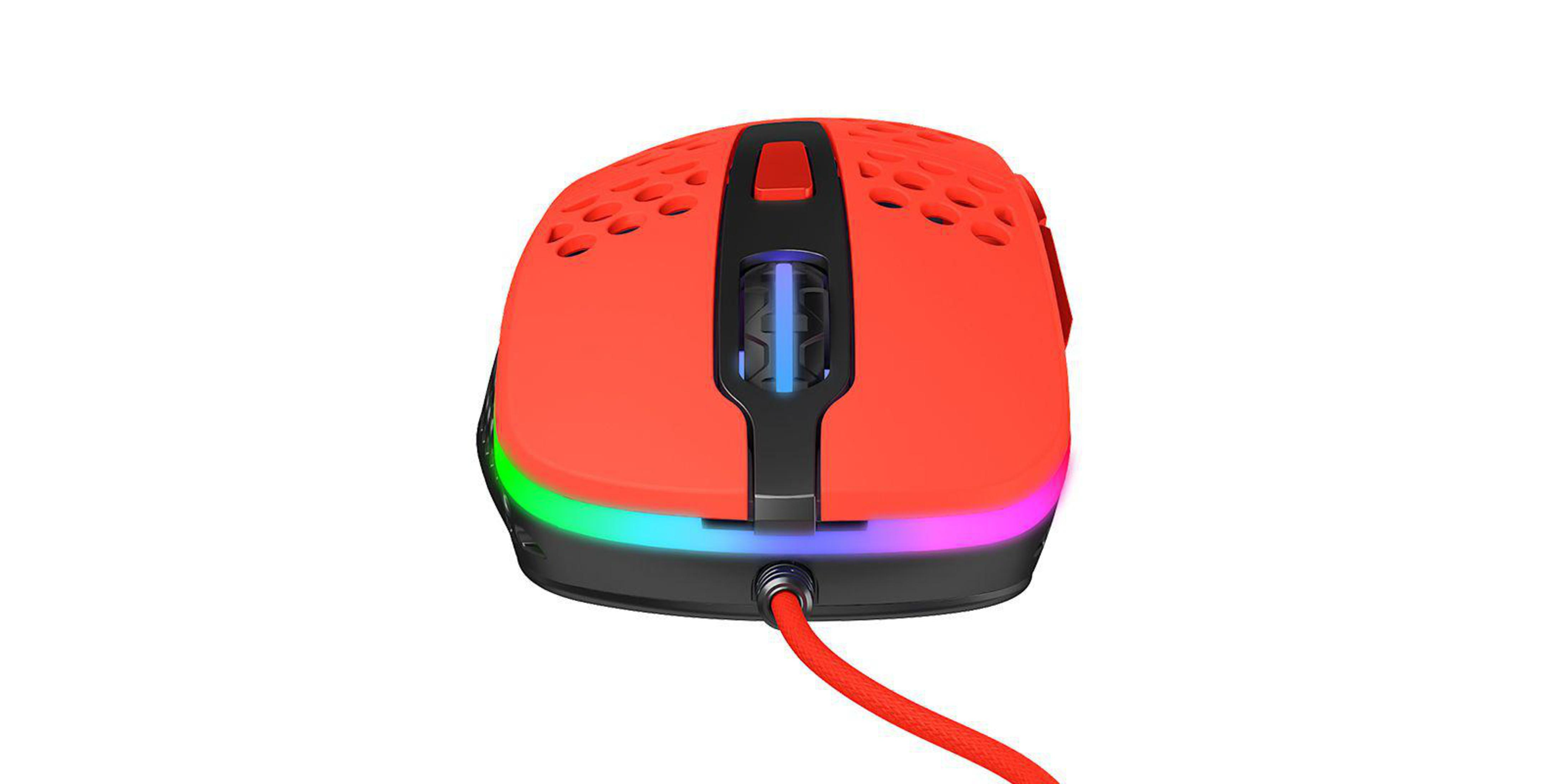 Rote Gaming-Maus mit RGB-Beleuchtung und Wabenmuster.