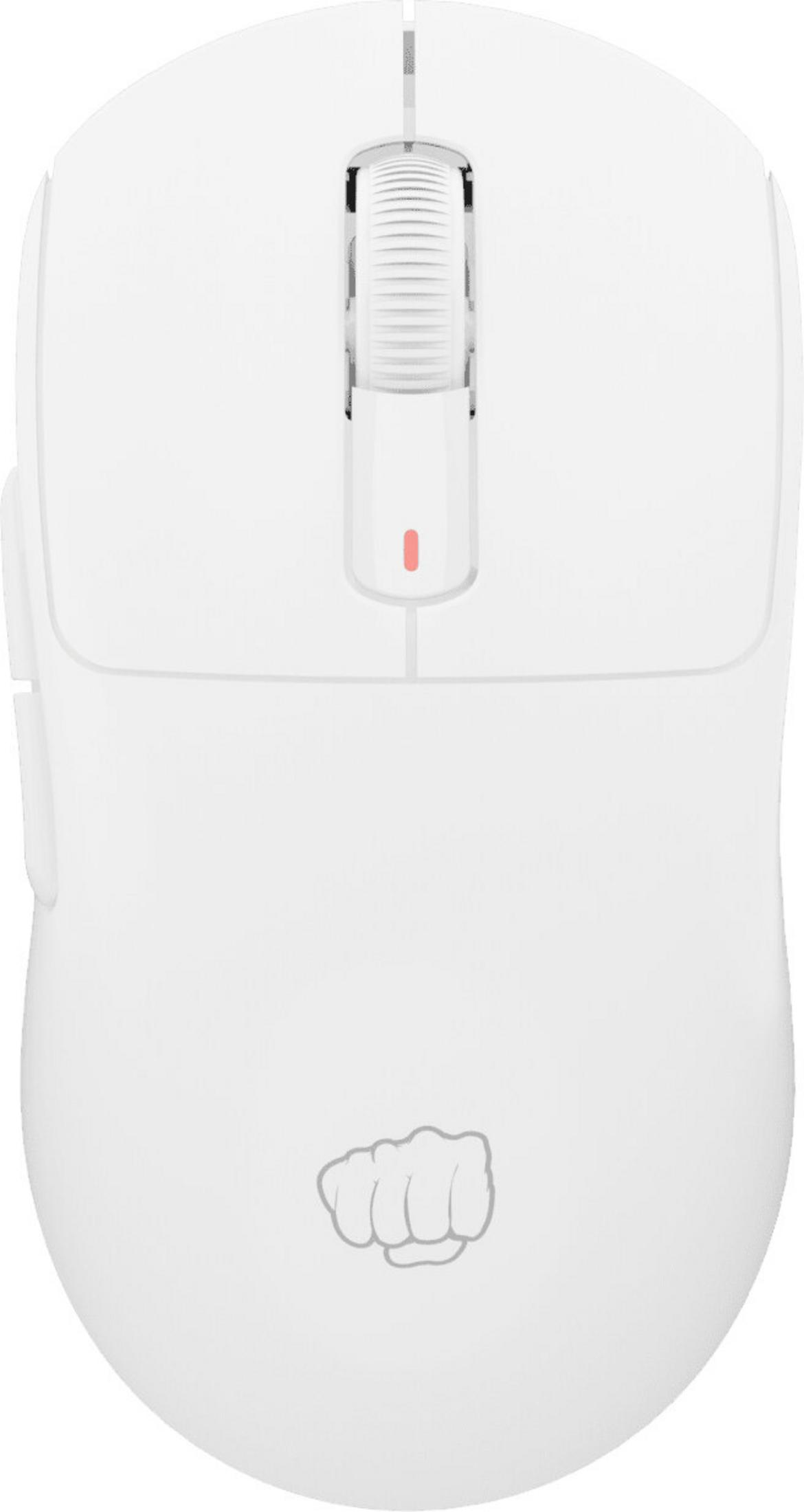 Un mouse bianco con un logo a pugno grigio e un indicatore rosso.