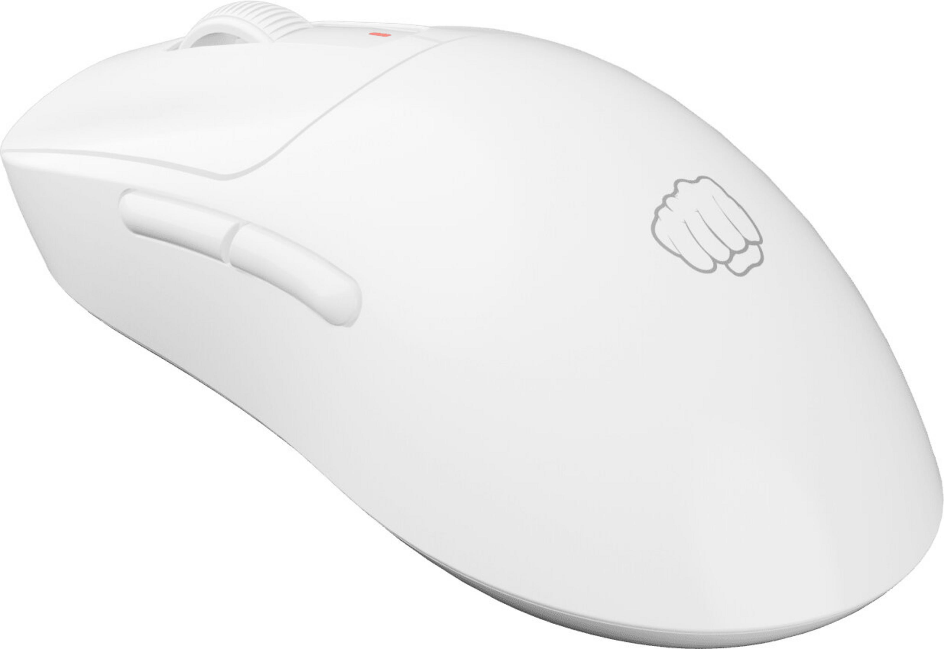 Un mouse bianco per computer con logo stilizzato a pugno e rotellina.