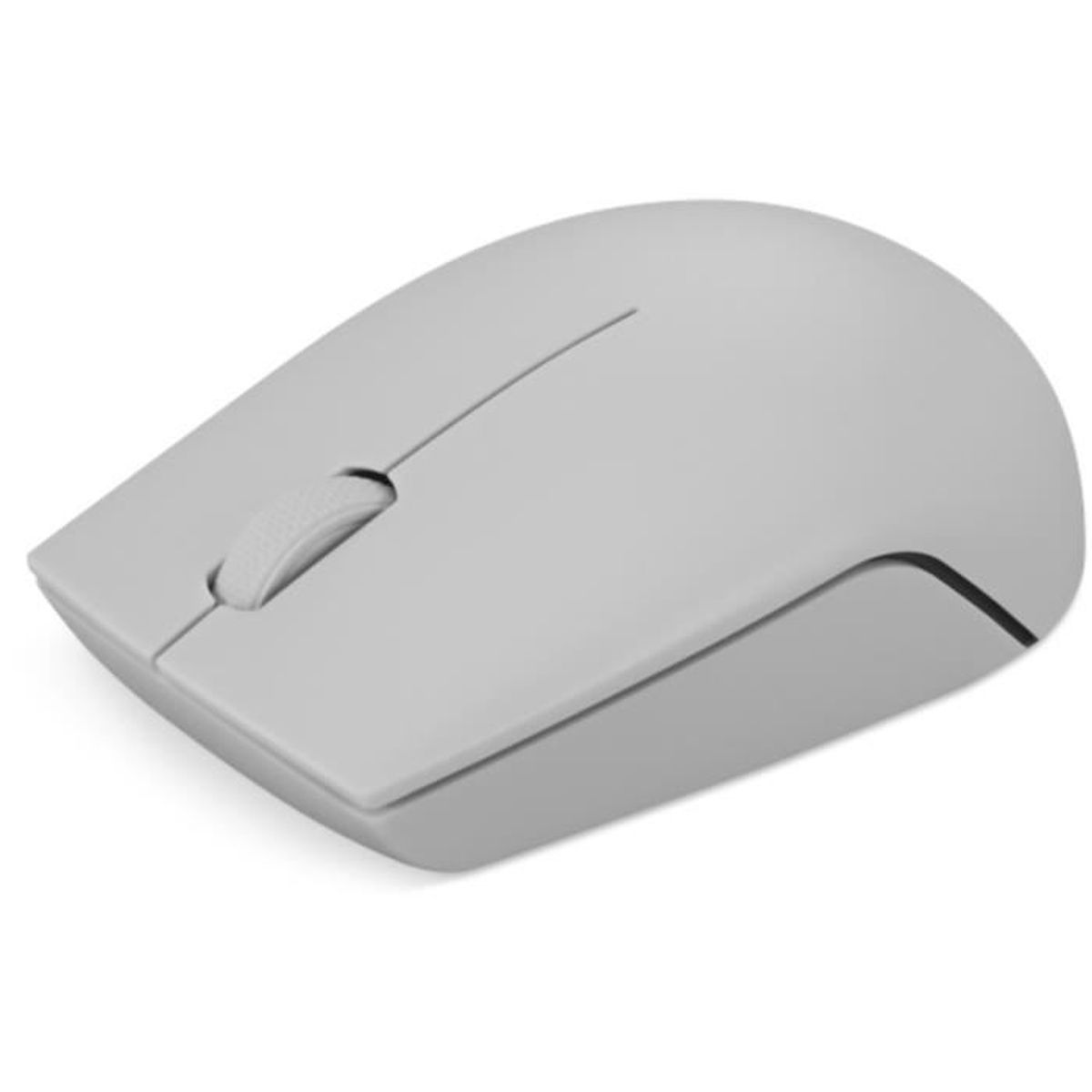 Un ratón de ordenador gris con rueda de desplazamiento y línea divisoria en la parte superior.