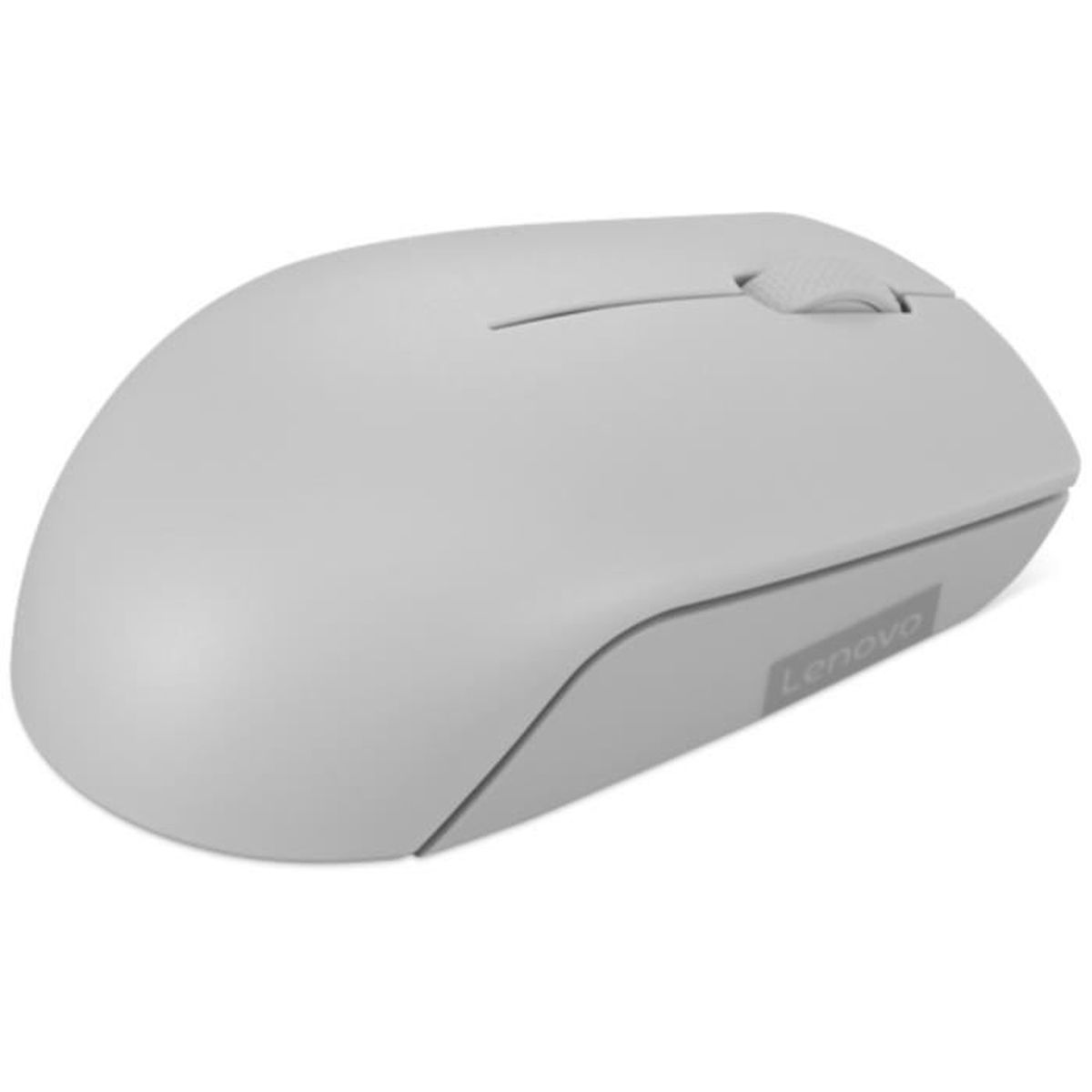 Un ratón de ordenador Lenovo gris con rueda de desplazamiento, aislado sobre fondo blanco.