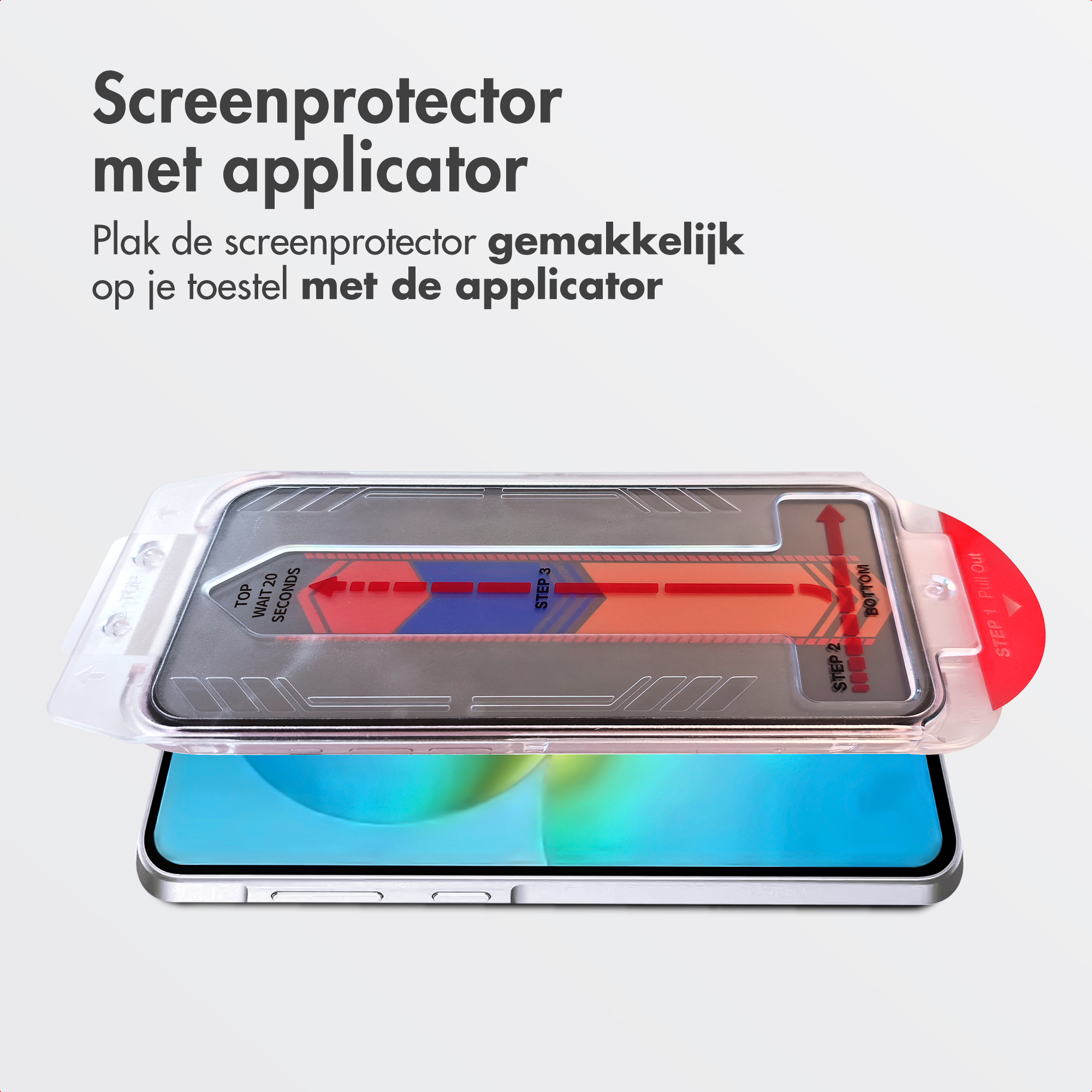 Protecteur d'écran avec applicateur pour smartphone. Instructions étape par étape incluses.