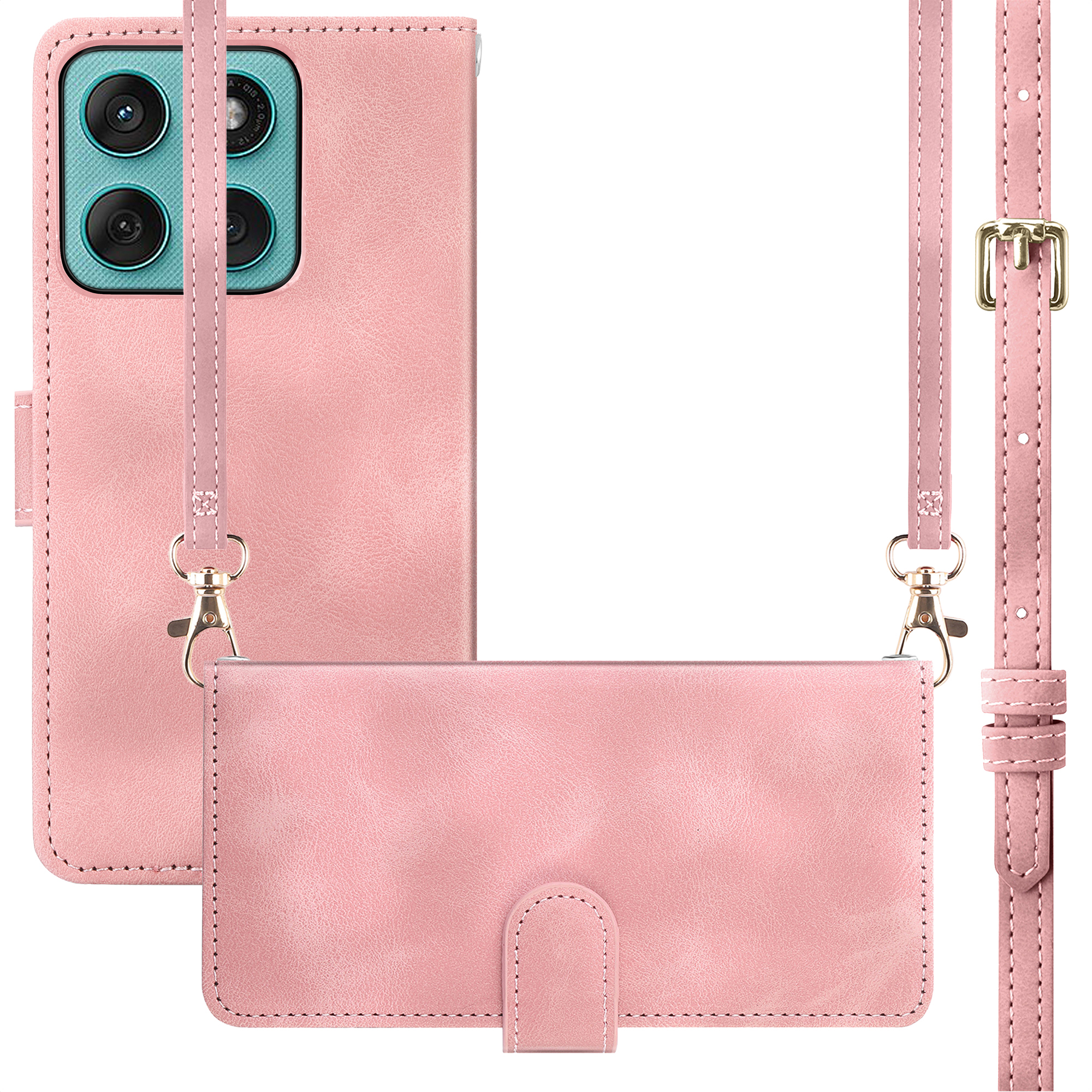 Roze telefoonhoes met vier camera's en schouderband.