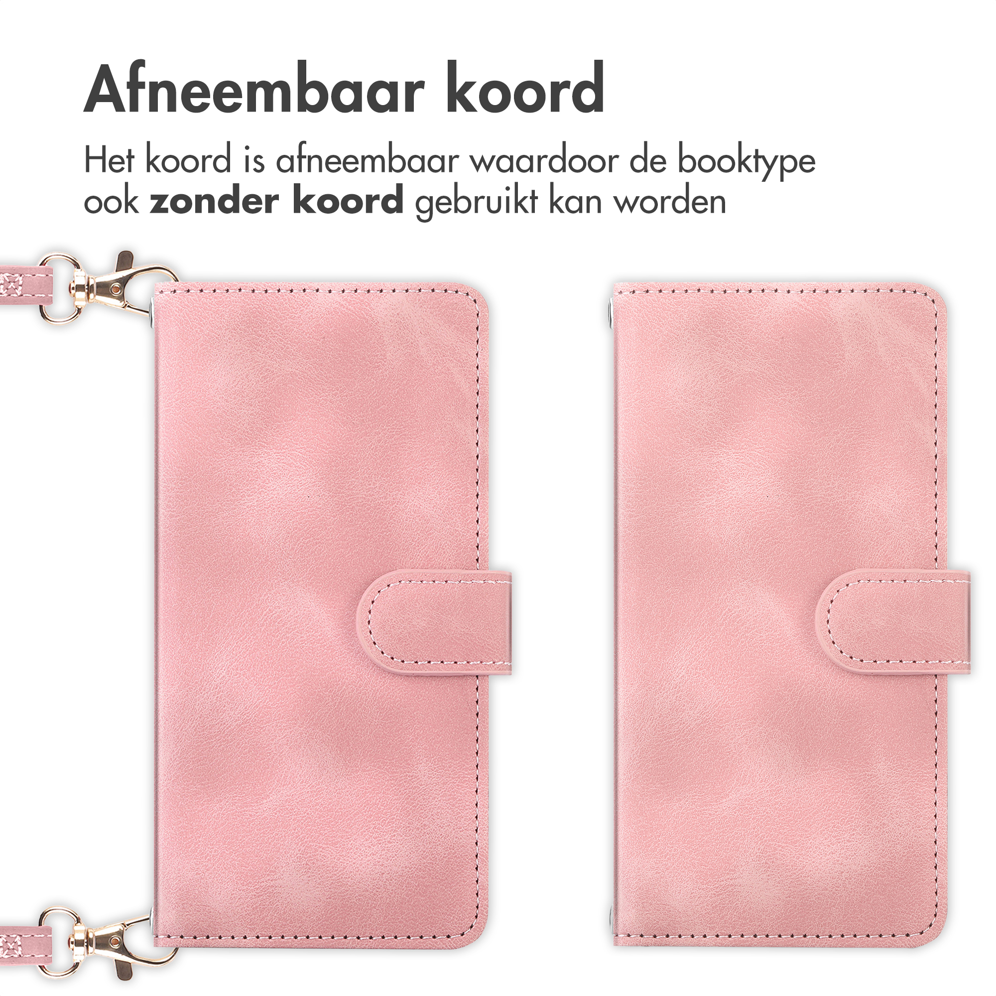 Twee roze telefoonhoesjes met afneembare riemen, één open, één gesloten.