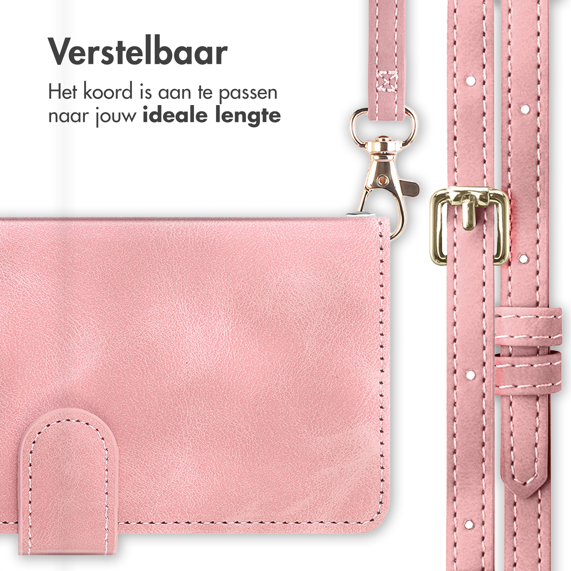 Een roze lederen hoes met verstelbare riem en gouden hardware.