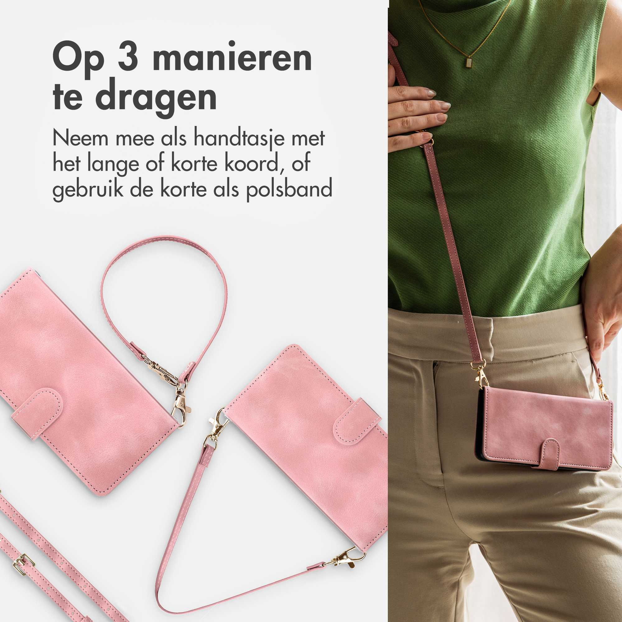 Roze telefoonhoesjes met riemen op witte ondergrond, en een vrouw draagt er één.