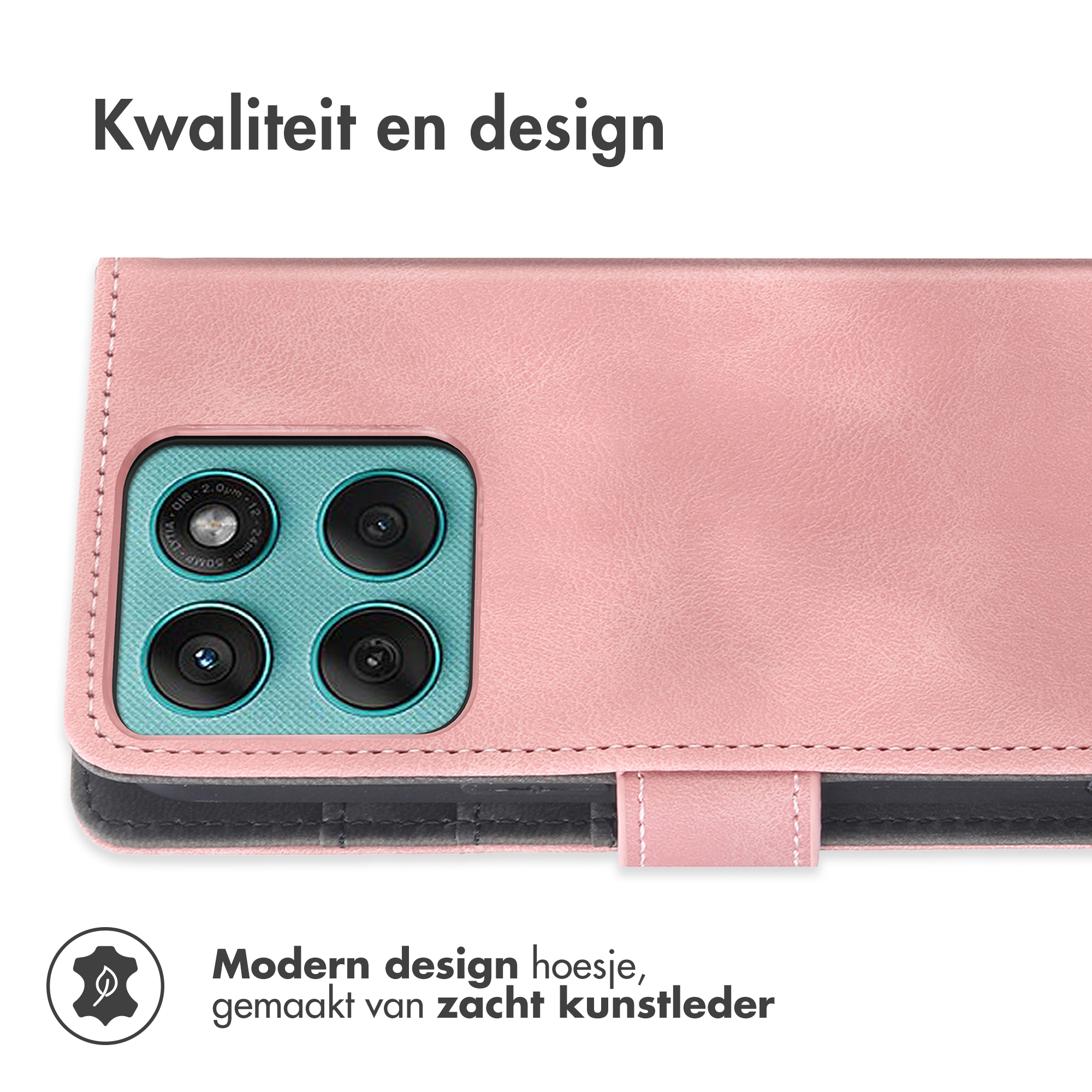 Roze kunstleren telefoonhoesje met quad camera.