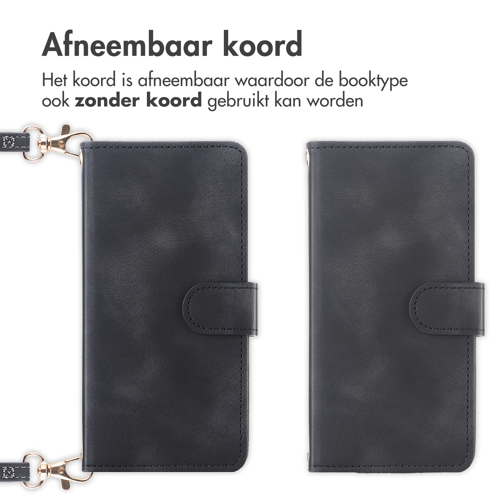 Étui noir pour téléphone avec sangle détachable. Fermé par un bouton.