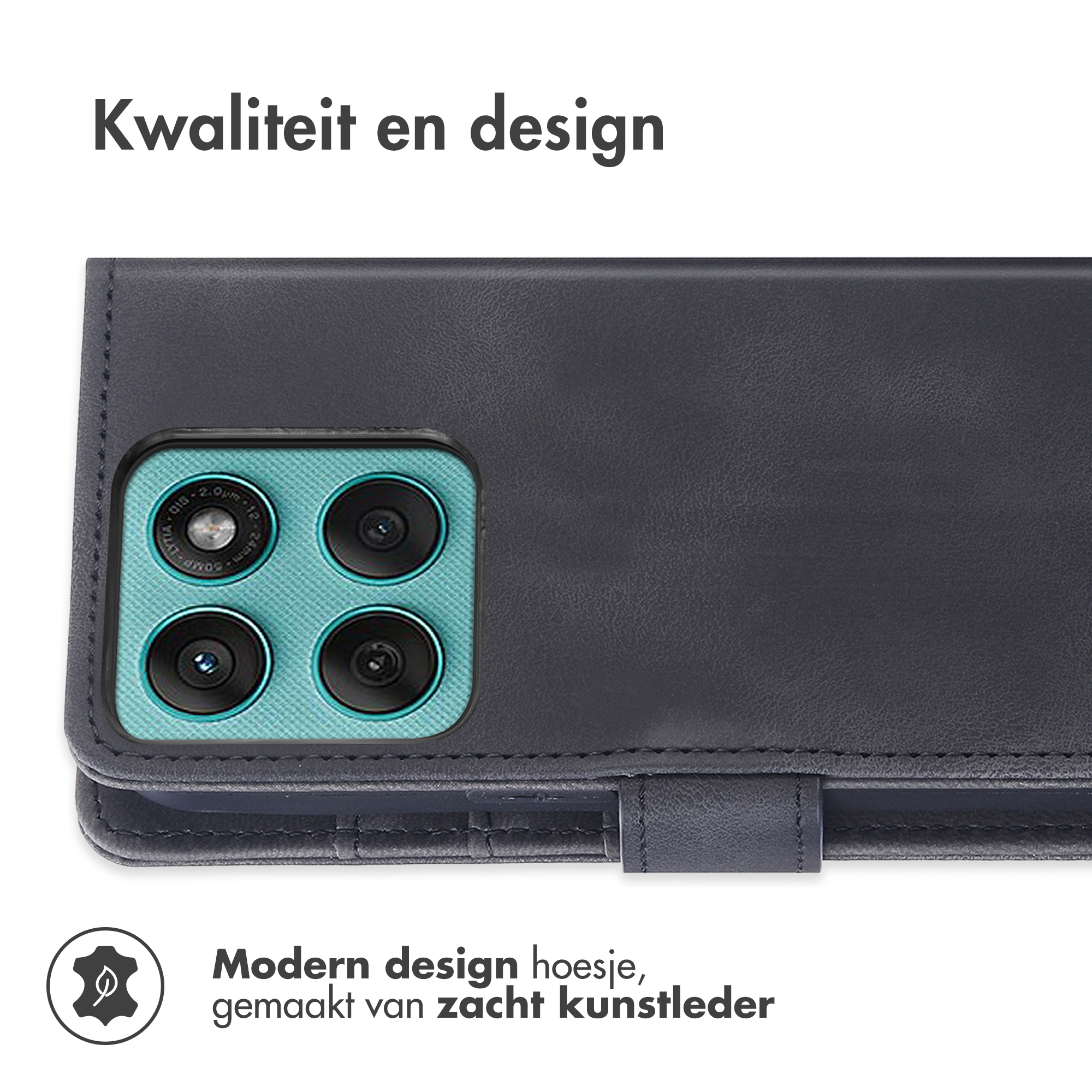 Coque de téléphone gris foncé avec réseau de caméras. Texte : Qualité et design.