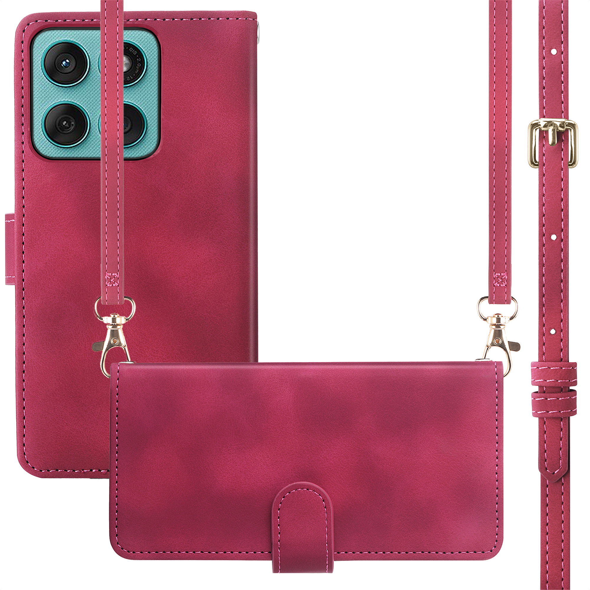 Étui de téléphone rouge avec découpe caméra, portefeuille et dragonne.