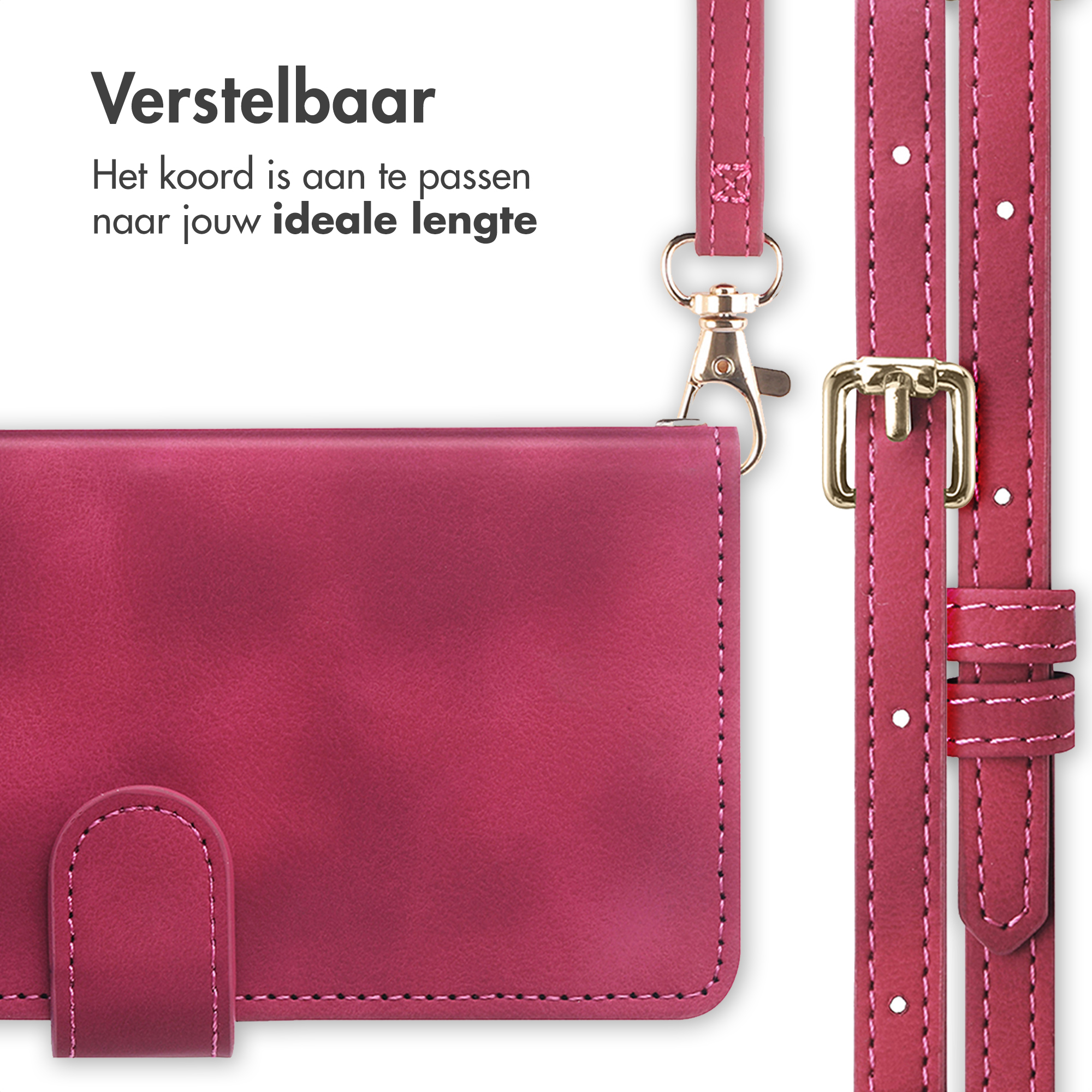 Un étui rose chic avec une sangle réglable et des accessoires dorés.