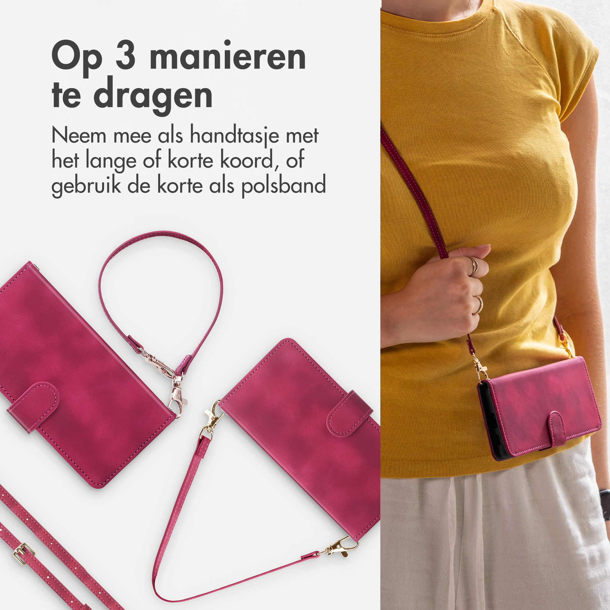 Une femme porte une pochette de téléphone en bandoulière. Deux pochettes sont devant.