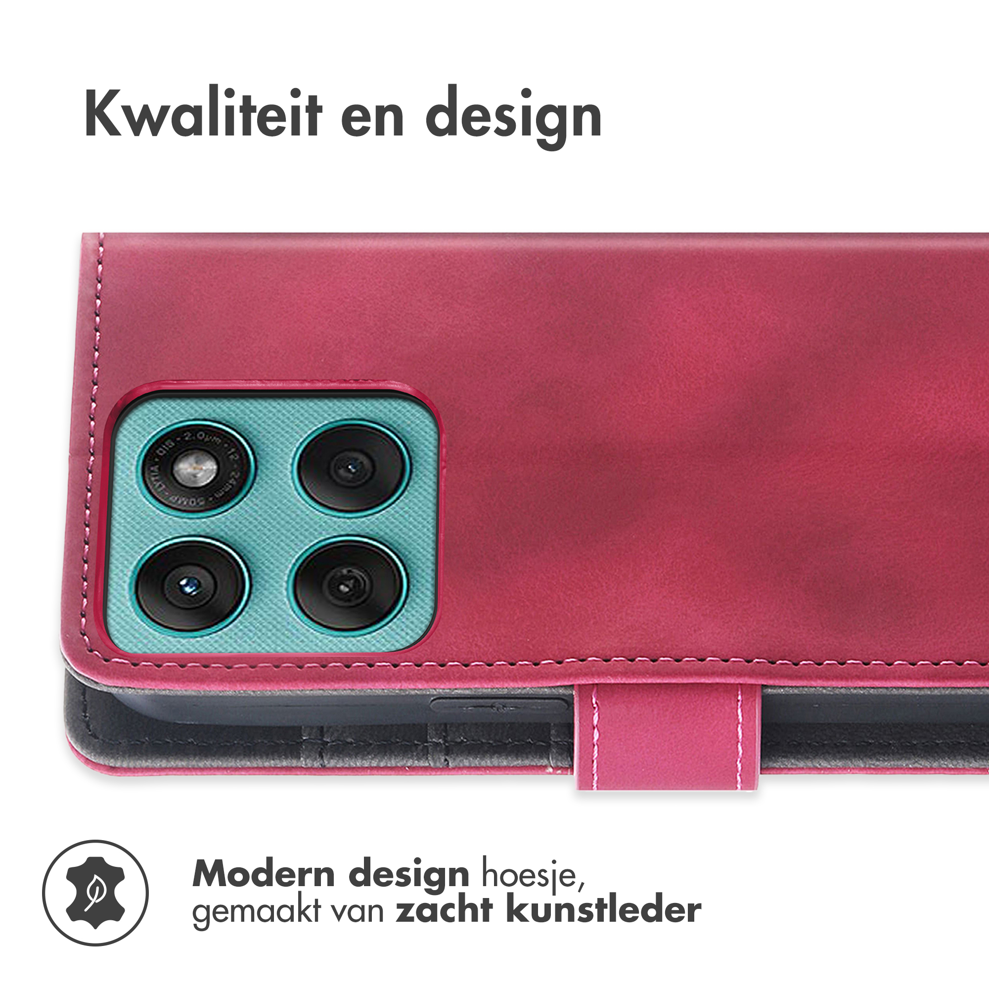 Un étui de téléphone rose montrant quatre caméras et un design en cuir.