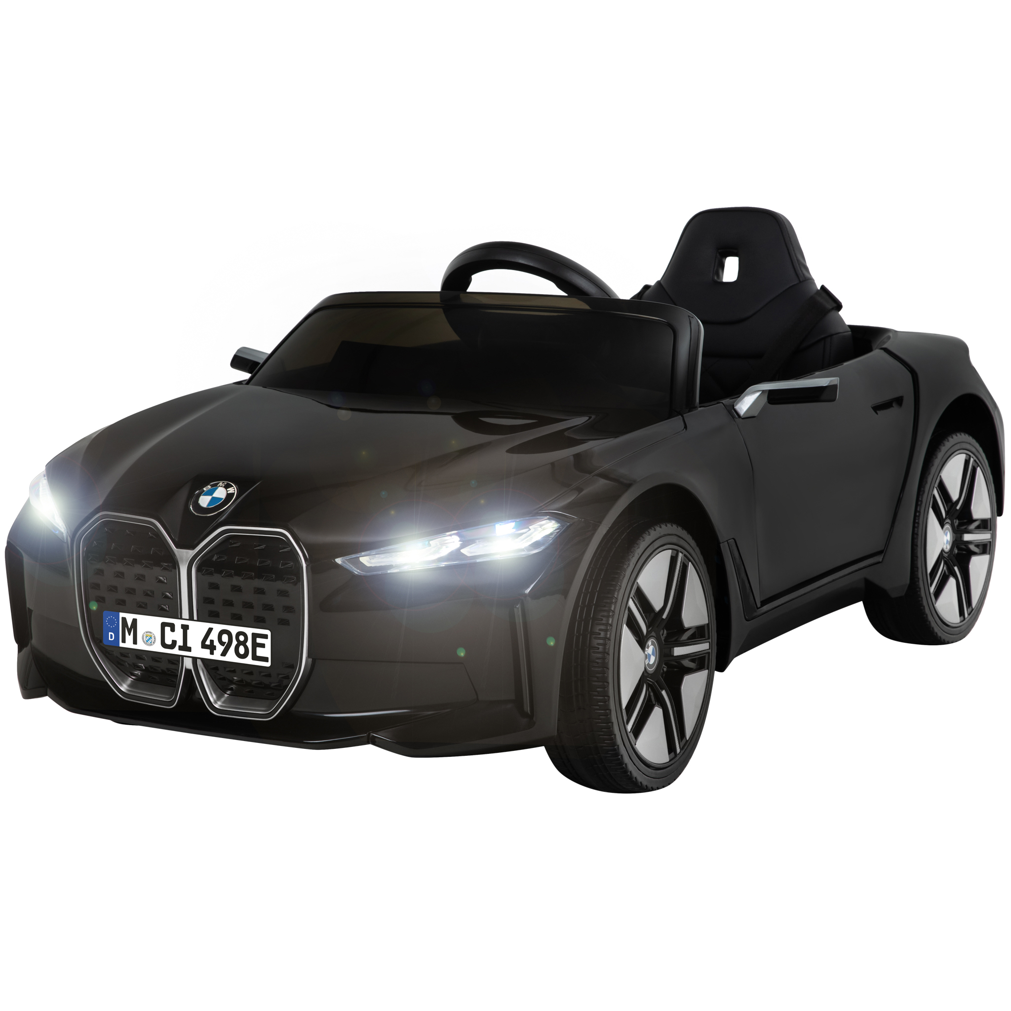 Schwarzes BMW Elektroauto mit leuchtenden Scheinwerfern und Nummernschild.