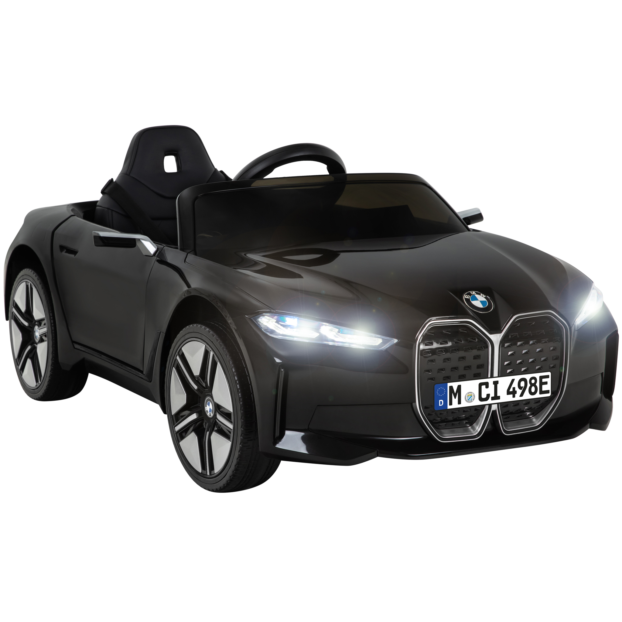 Schwarzes Kinder-Elektroauto mit geöffneten Scheinwerfern, BMW-Logo und Kennzeichen.