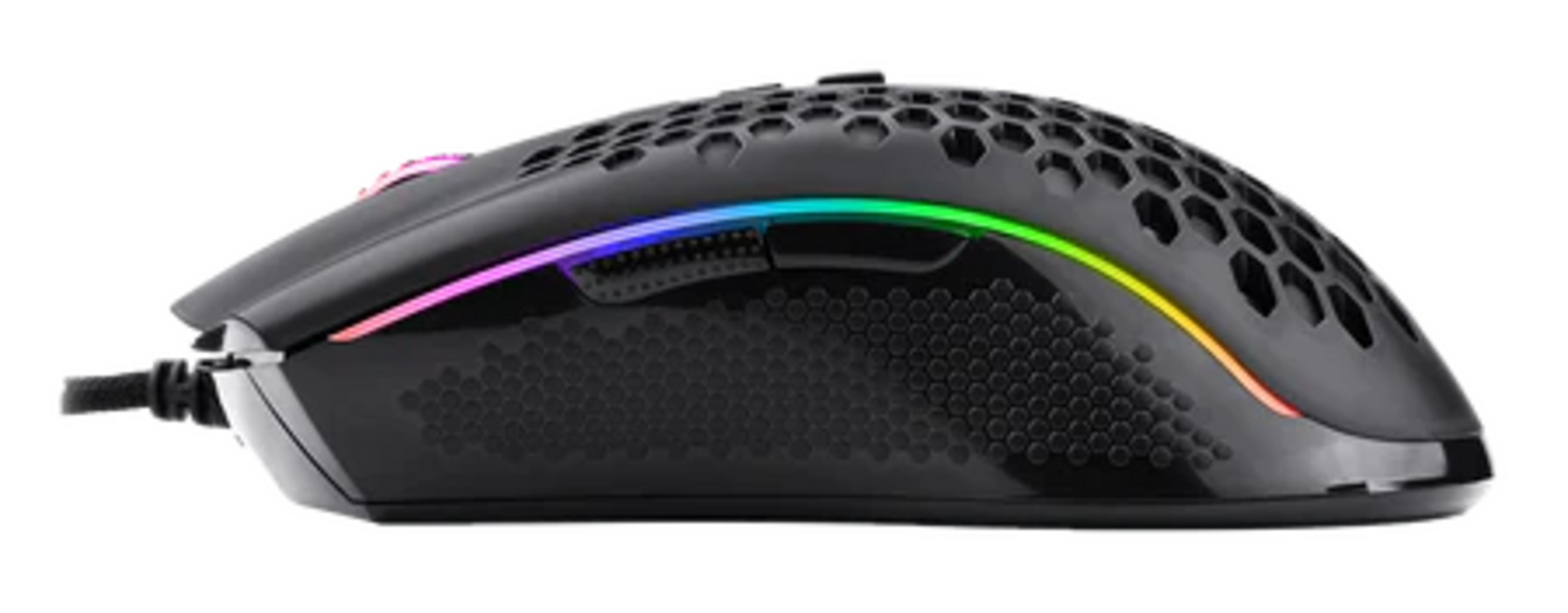 Mouse da gaming nero con motivo a nido d'ape e illuminazione RGB.