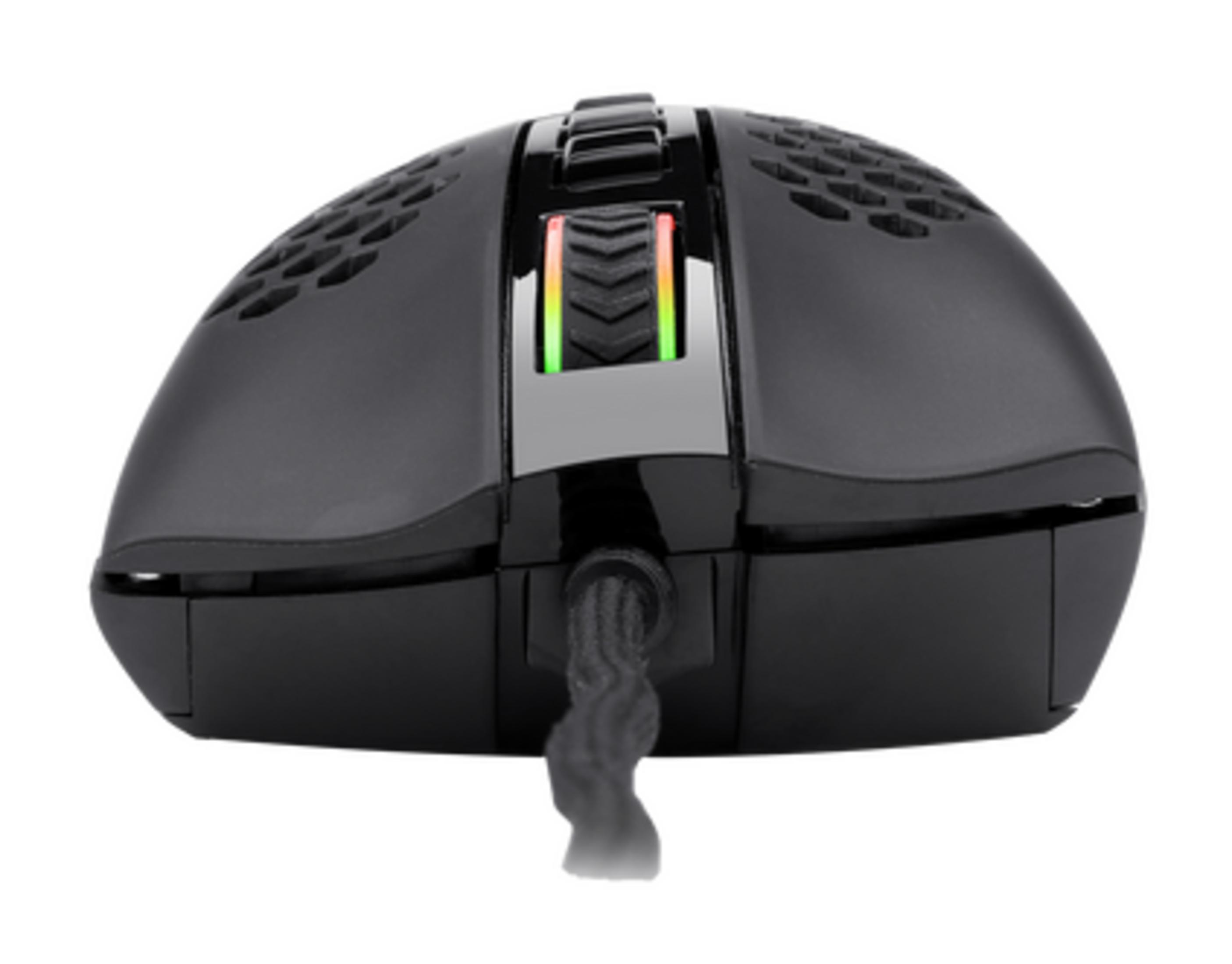 Mouse gaming nero con motivo a nido d'ape e illuminazione RGB sulla rotella.