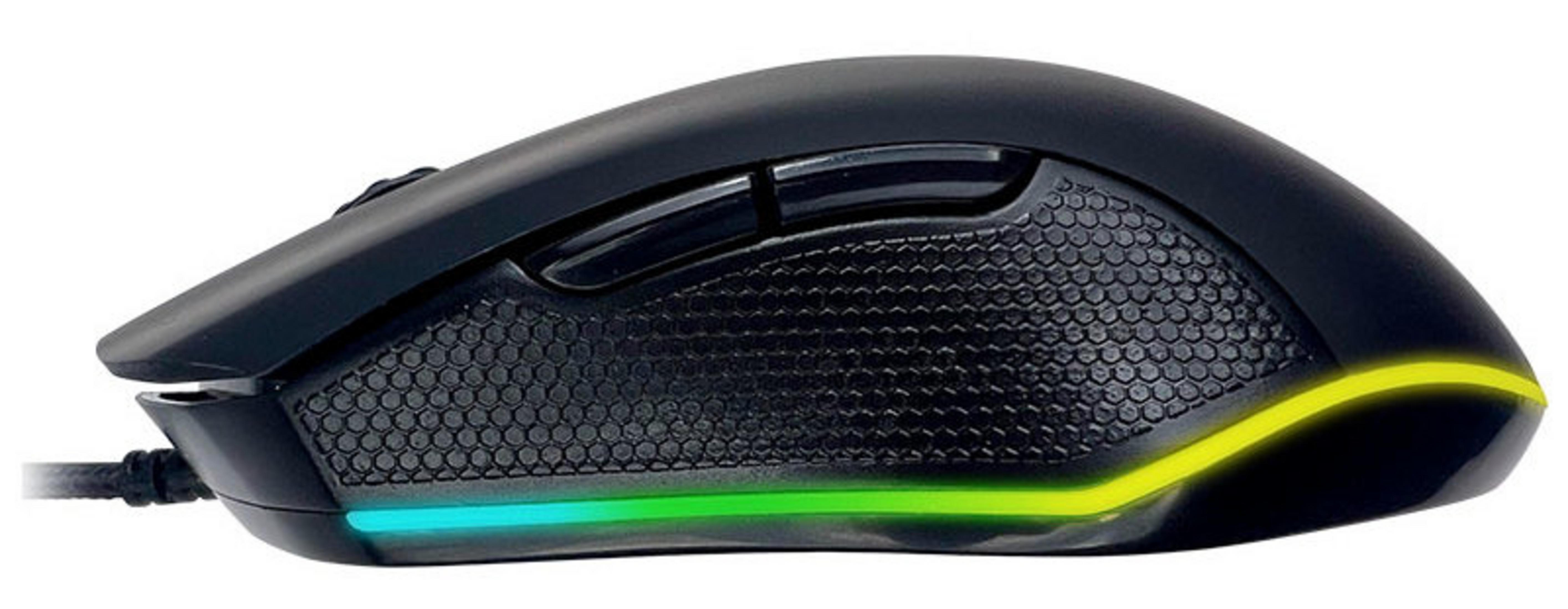 Czarna mysz gamingowa z teksturą plastra miodu i niebiesko-żółtym podświetleniem RGB.