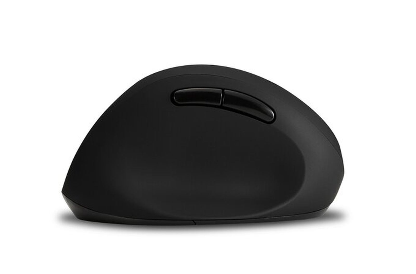 Mouse ergonomico nero per computer con due pulsanti su sfondo bianco.