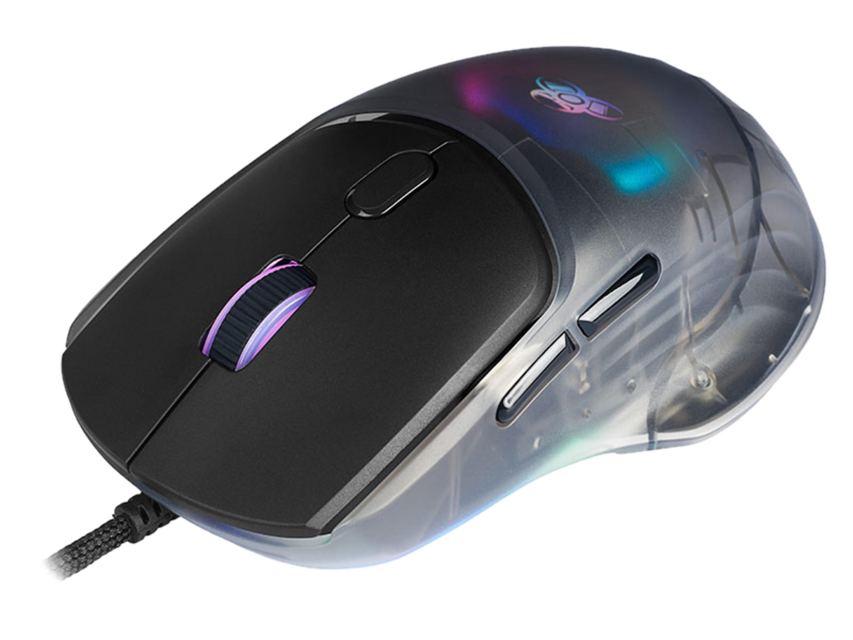 Souris gamer noire avec coque transparente et éclairage RVB.