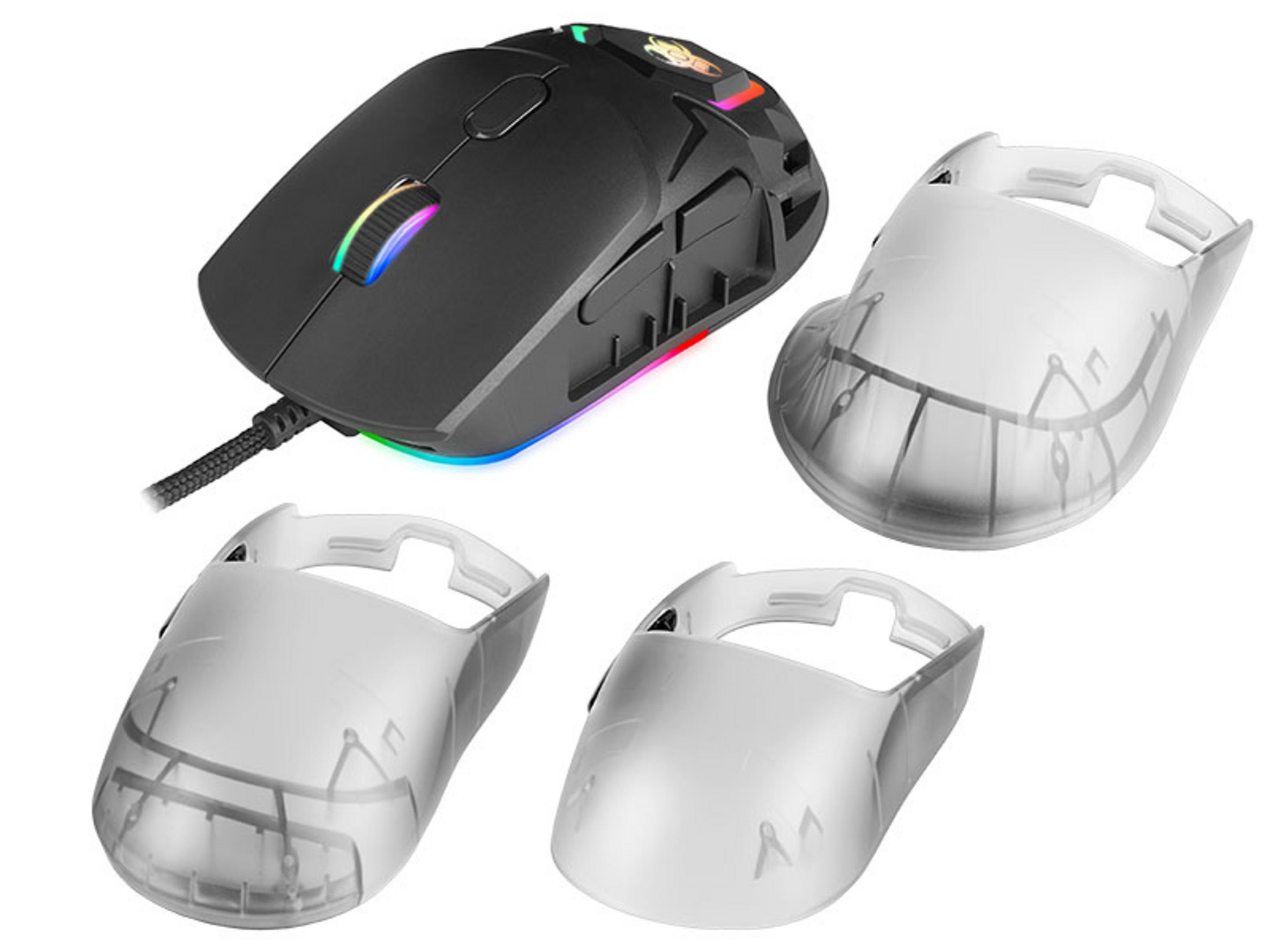 Souris gaming noire avec éclairage RVB et trois coques transparentes de rechange.