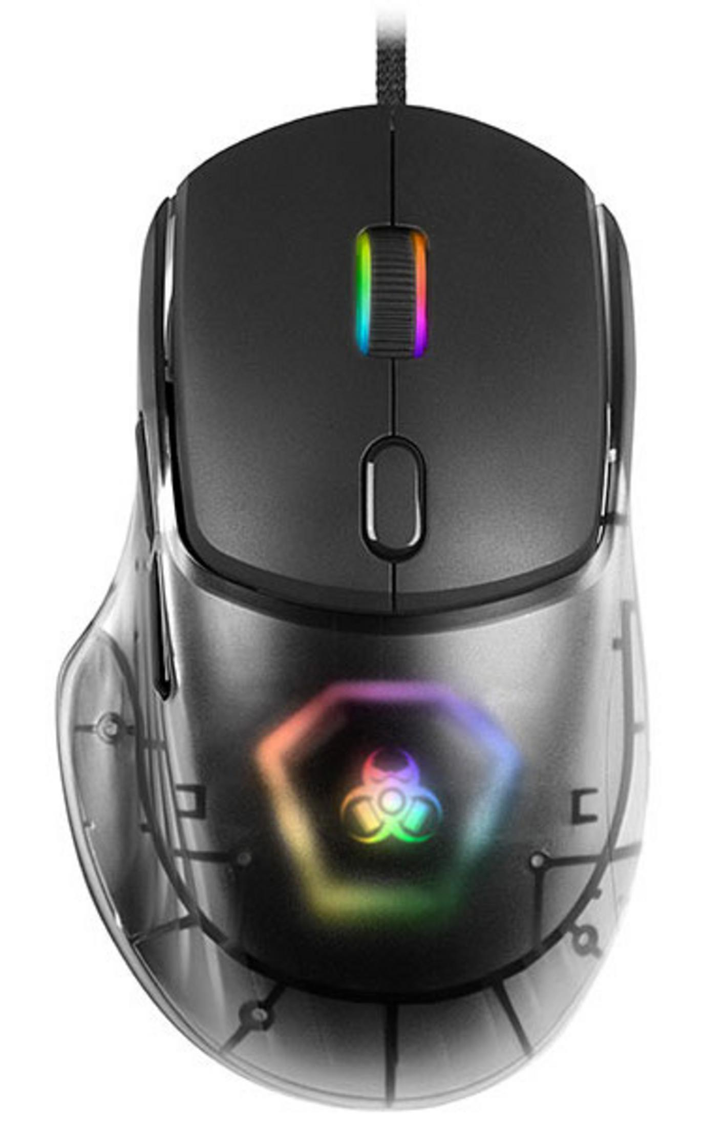 Souris gamer noire avec boîtier transparent et éclairage RVB.