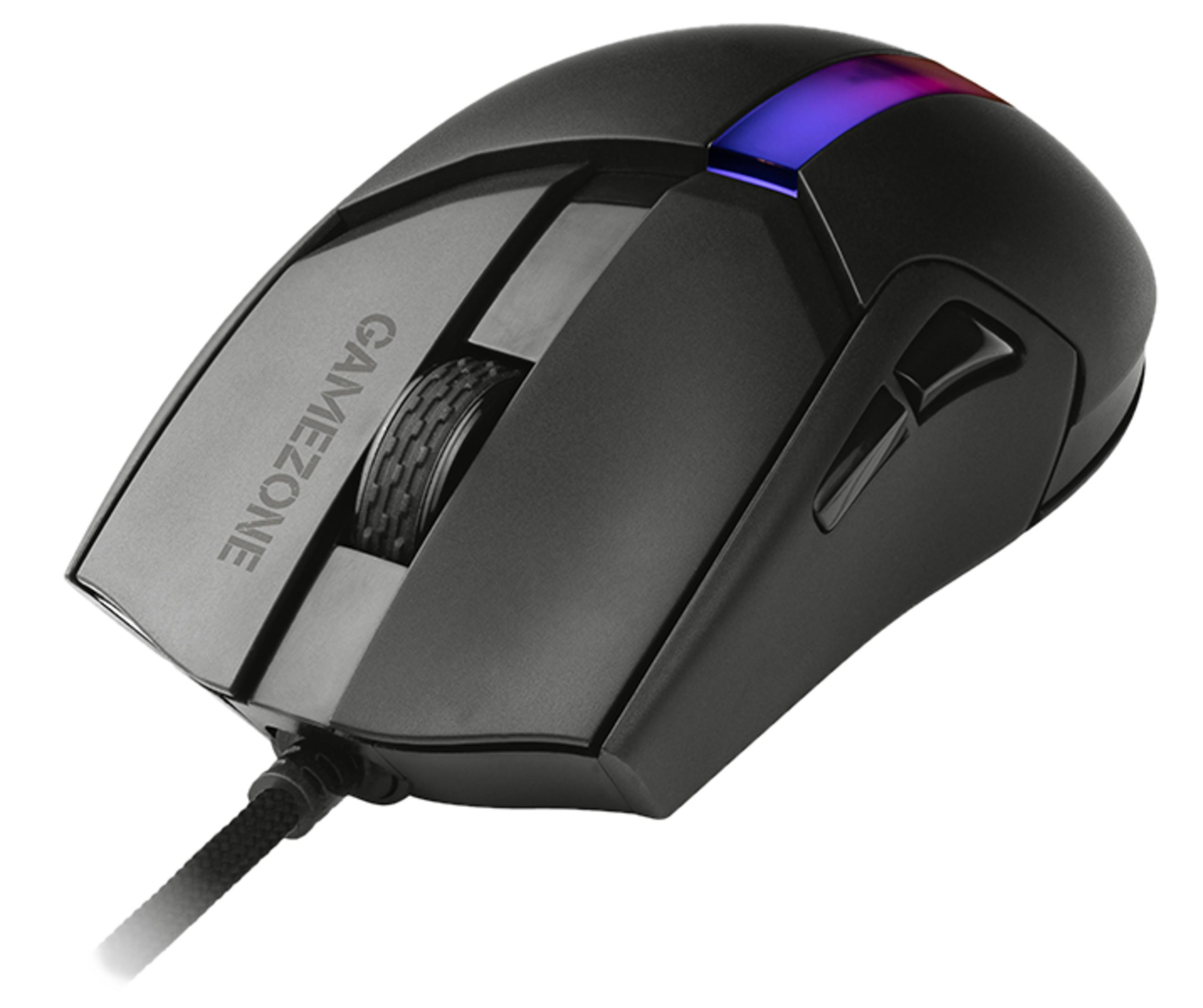 Souris gamer noire avec molette éclairée et bande lumineuse RVB.