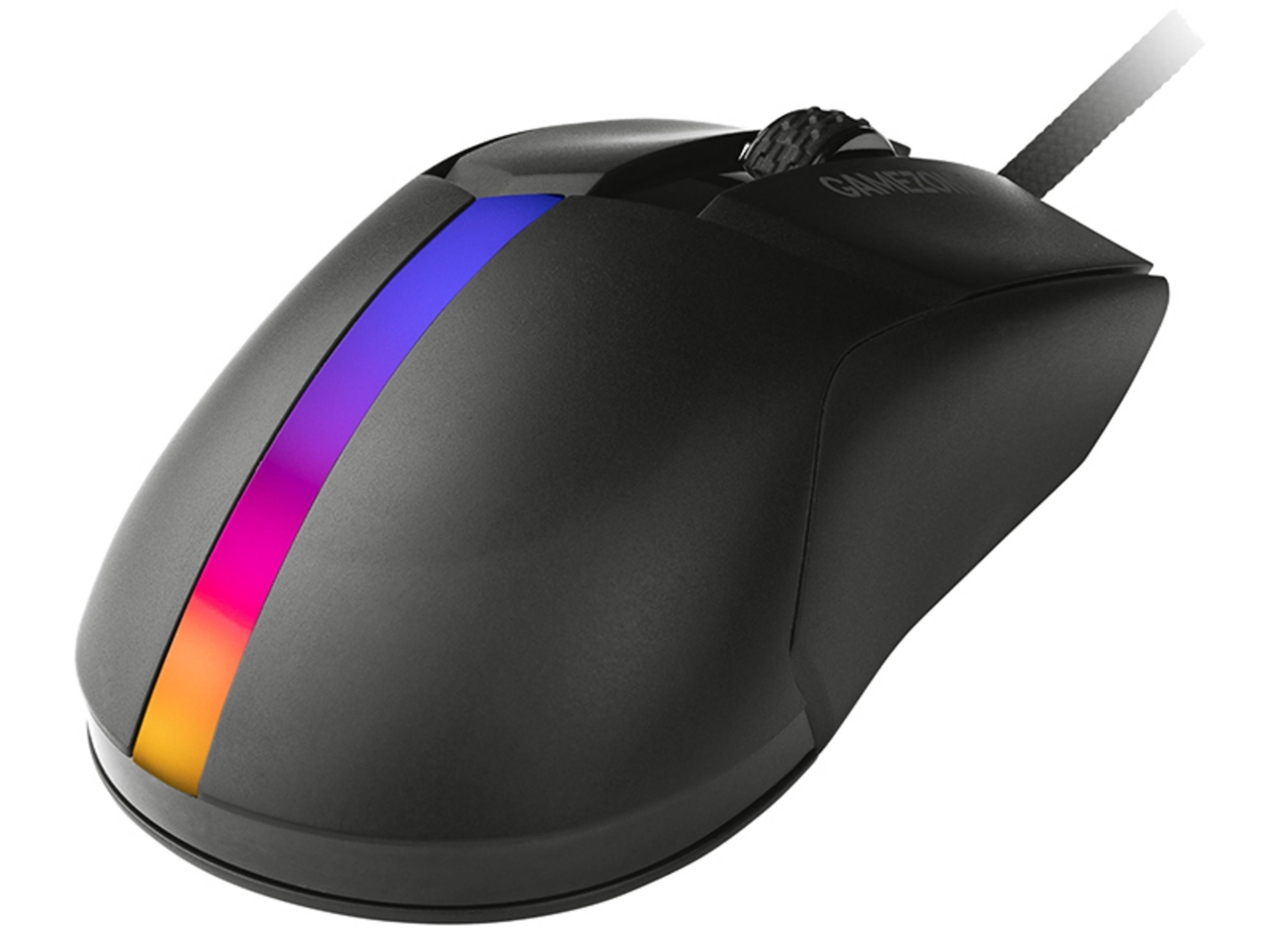Souris d'ordinateur noire avec éclairage RVB montrant un dégradé d'orange à bleu.
