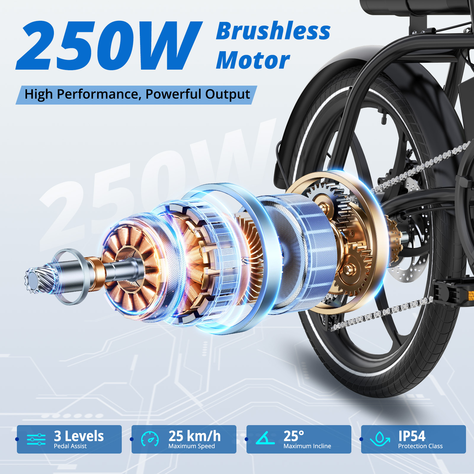 Szczegółowy widok bezszczotkowego silnika 250W ze zębatkami i elementami roweru.