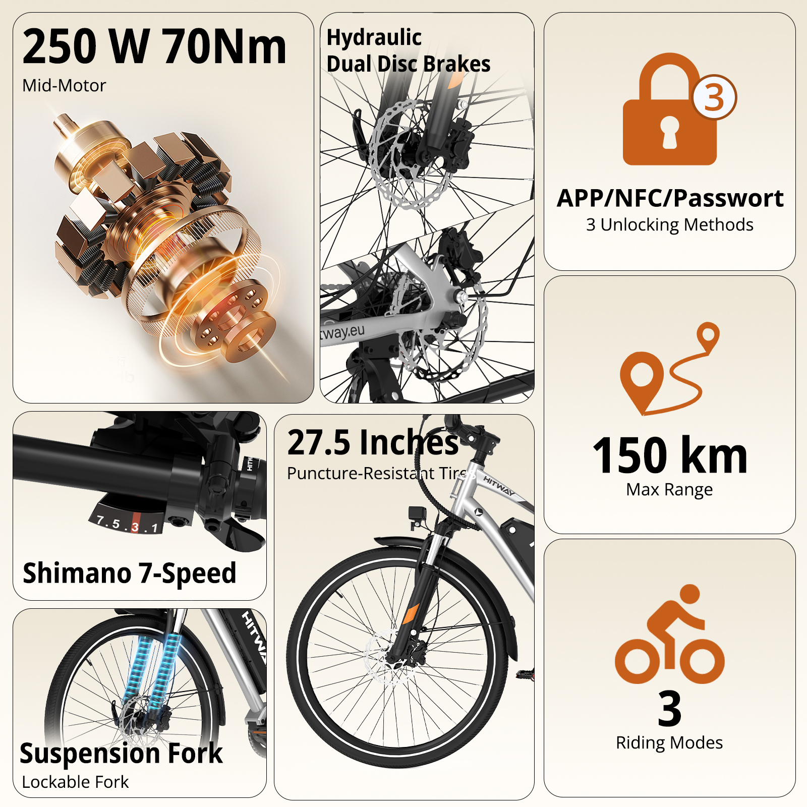 Cechy roweru elektrycznego: silnik centralny 250W, hamulce tarczowe, 7 biegów, opony 27.5".