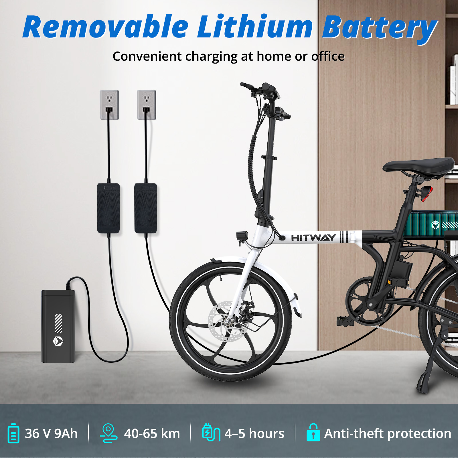 Biały rower elektryczny jest ładowany. Widocznych jest kilka czarnych ładowarek i bateria.