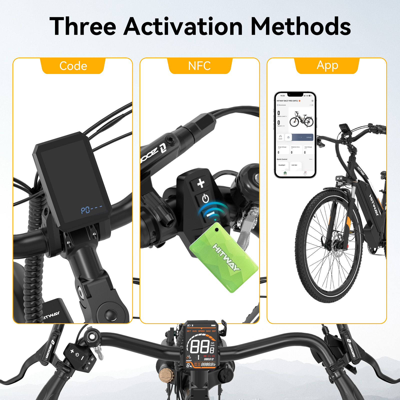 Three activation methods: Code, NFC, and App views of e-bike controls.