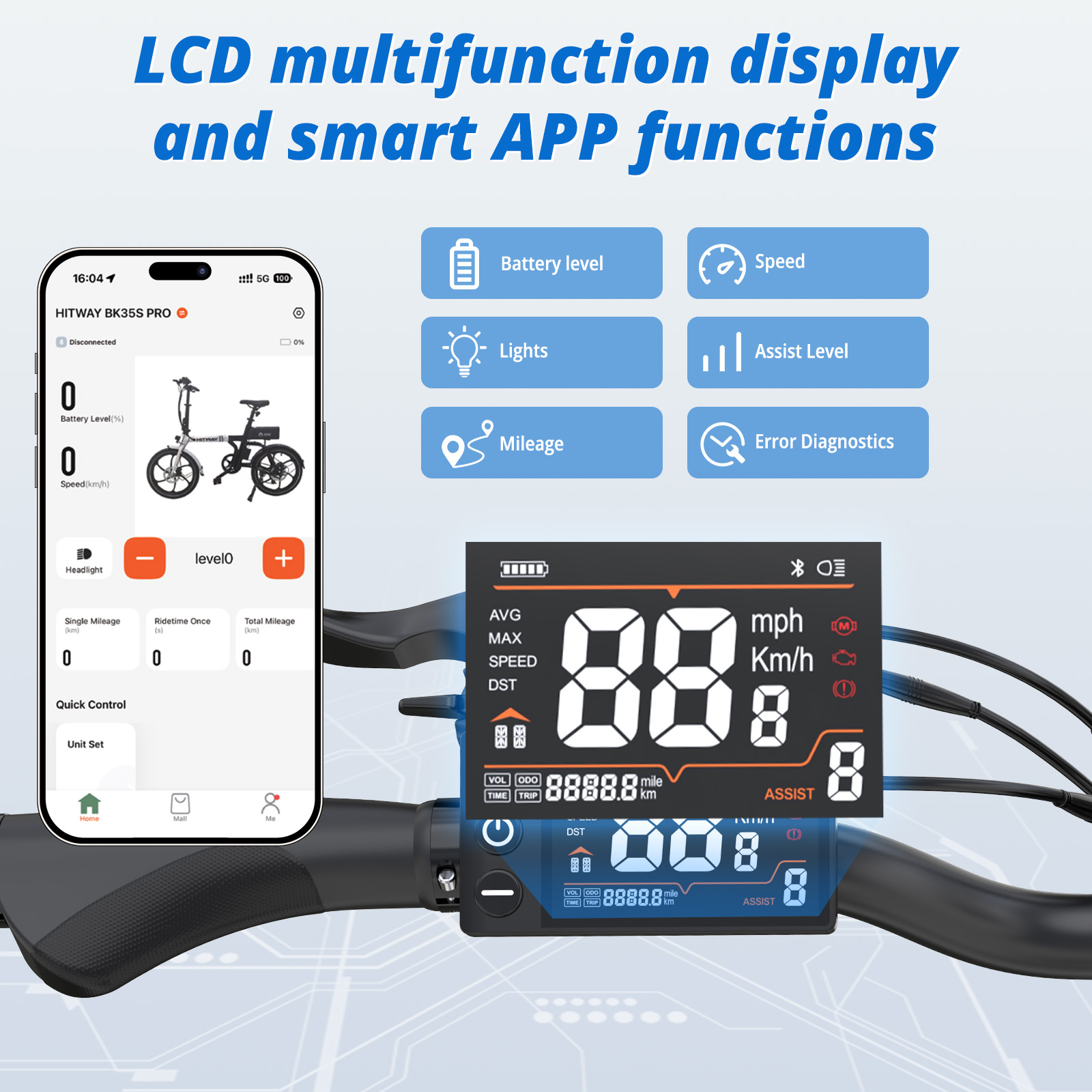 Obrazek przedstawia wyświetlacz roweru elektrycznego z funkcjami aplikacji.