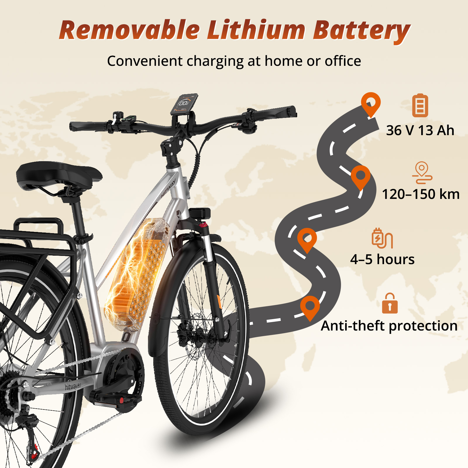 Srebrny rower elektryczny z wyjmowaną baterią, 36V 13Ah, zasięg 120-150km.