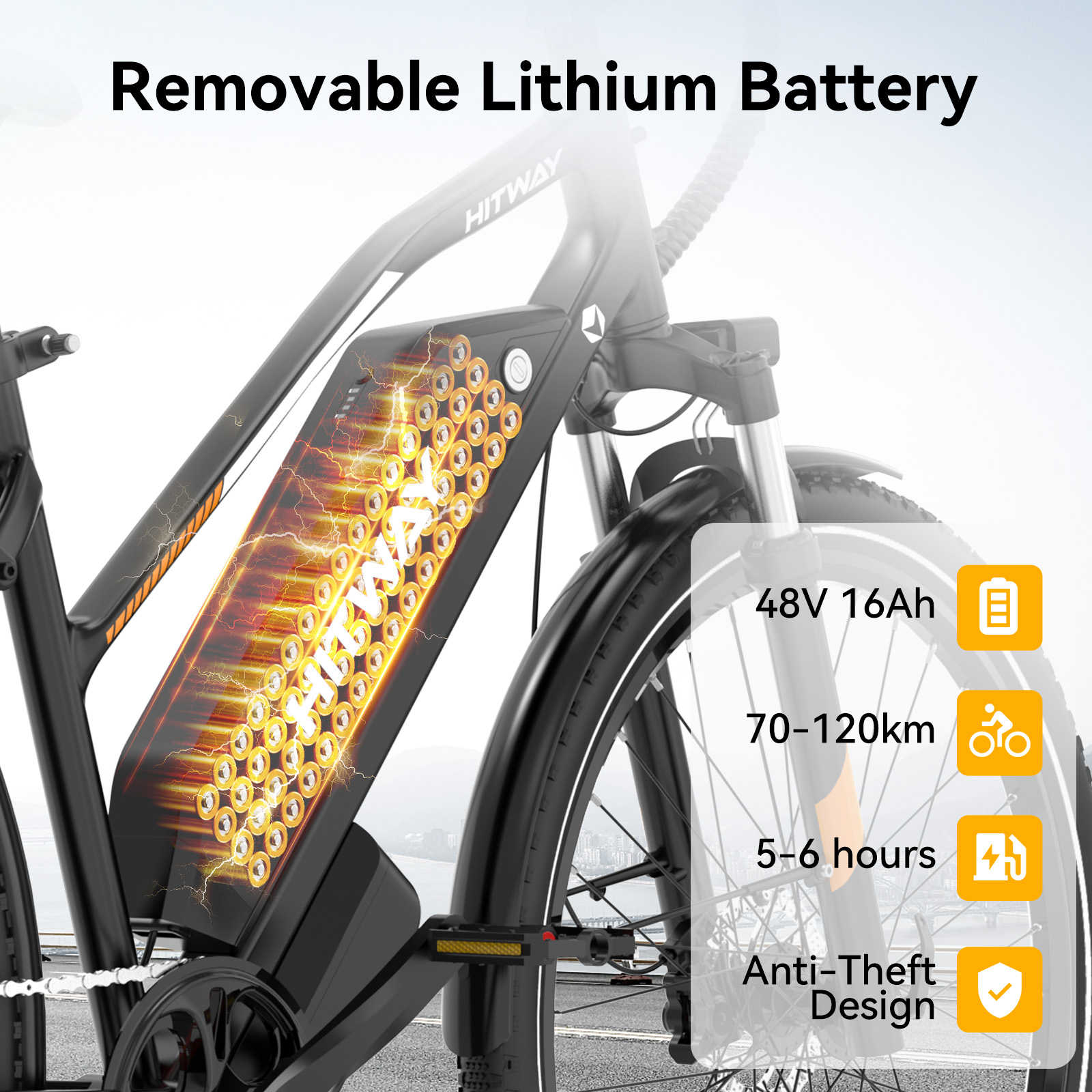 Close-up of an e-bike showing a visible lithium battery pack with charging indicators.