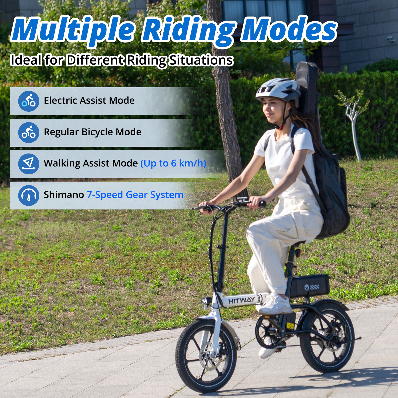 Kobieta na rowerze elektrycznym z futerałem na gitarę; tryby: elektryczny, zwykły, pieszy.