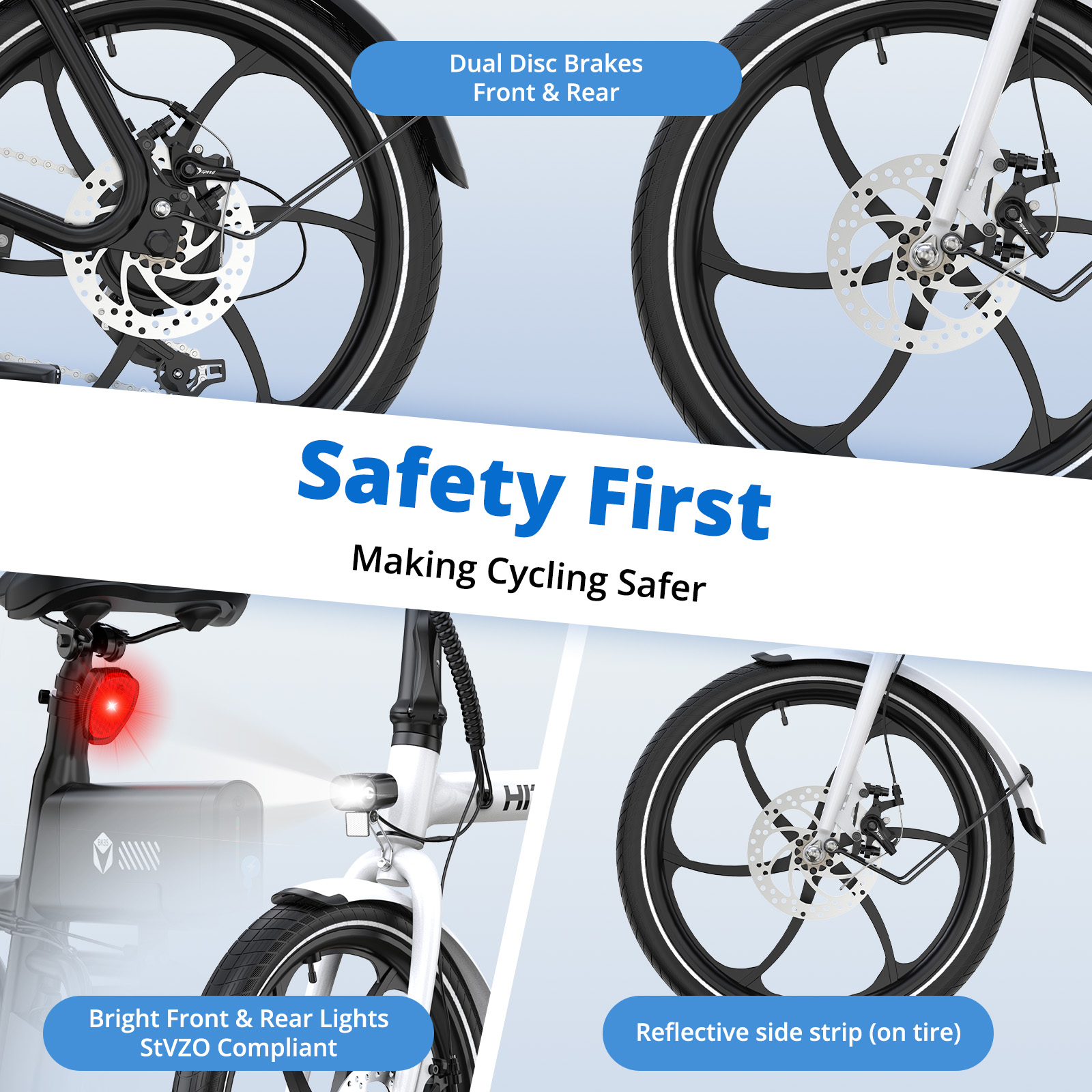 Rower z podwójnymi hamulcami tarczowymi, światłami przednimi/tylnymi i odblaskami.