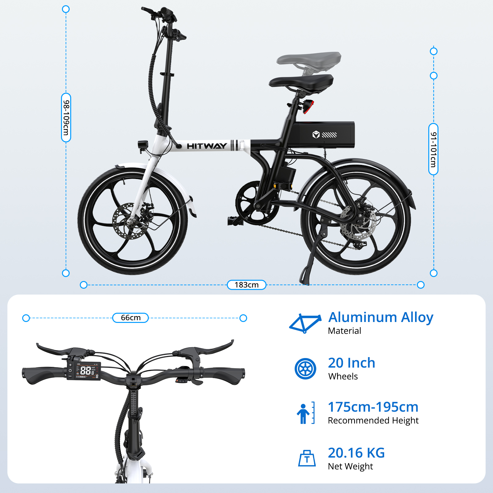 Biały składany rower elektryczny z 20-calowymi kołami i cyfrowym wyświetlaczem. Wymiary pokazane.