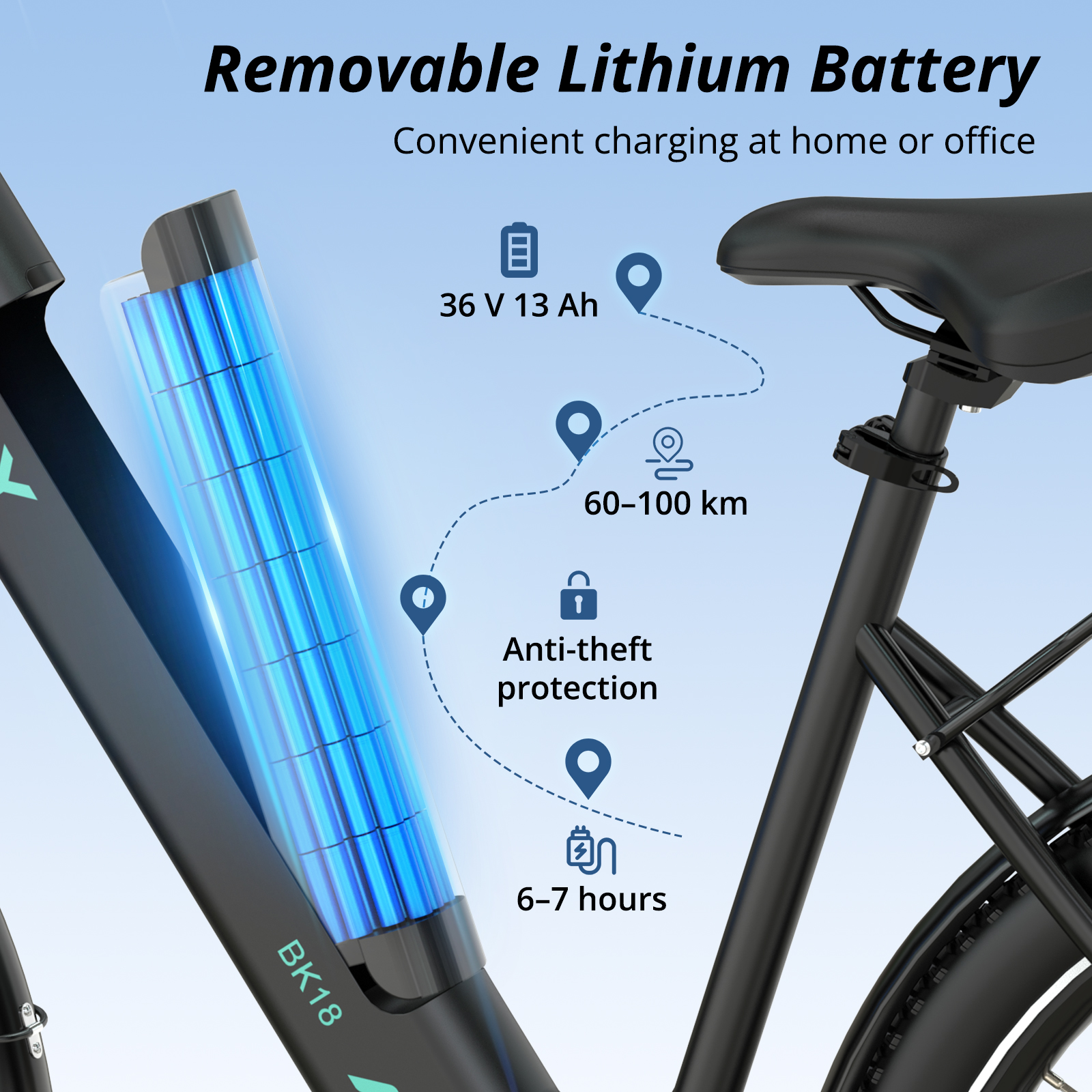 Wyjmowana bateria litowa: 36V, 13Ah, zasięg 60-100km, ładowanie 6-7 godzin.