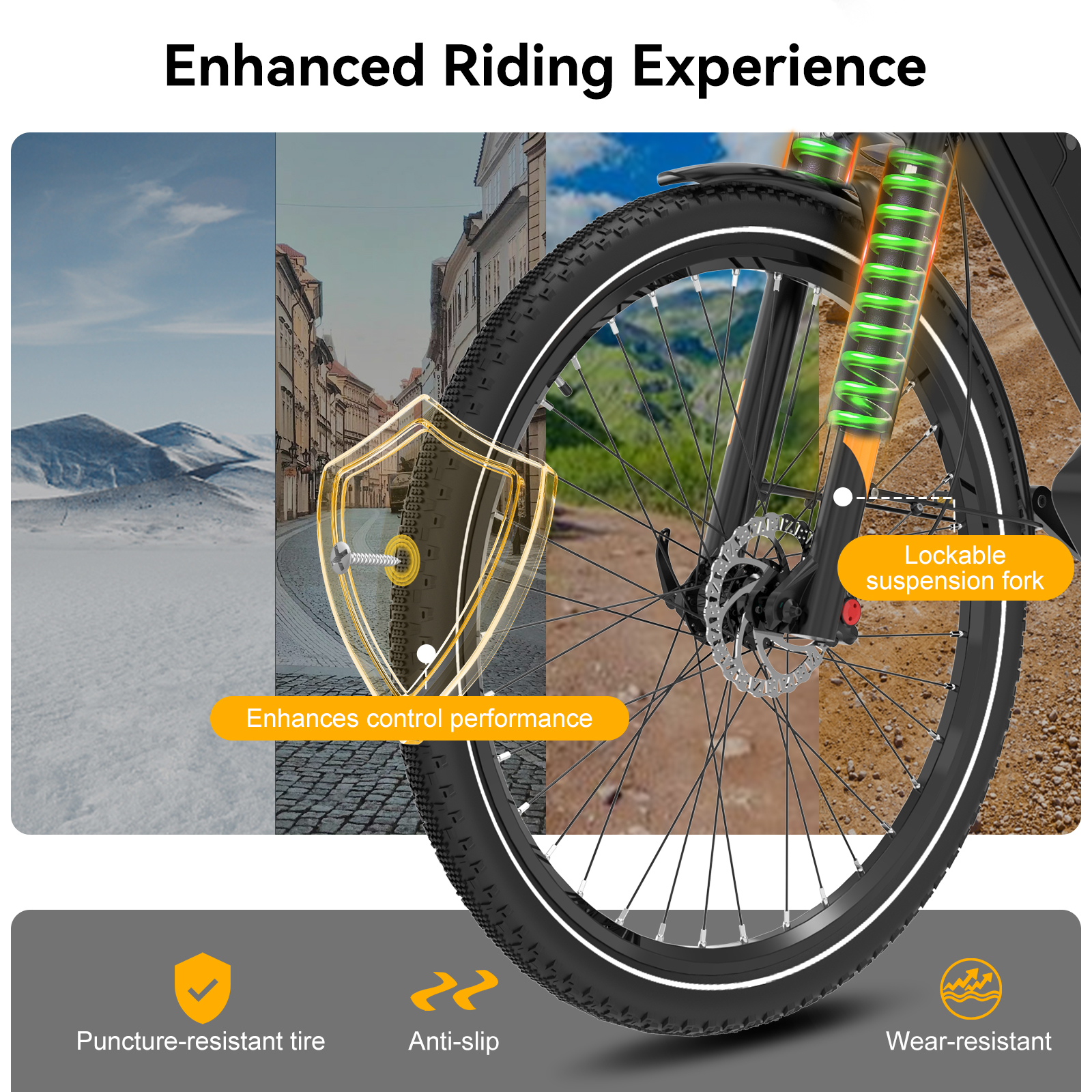 Bicycle with suspension fork and puncture-resistant tire. City and mountains.