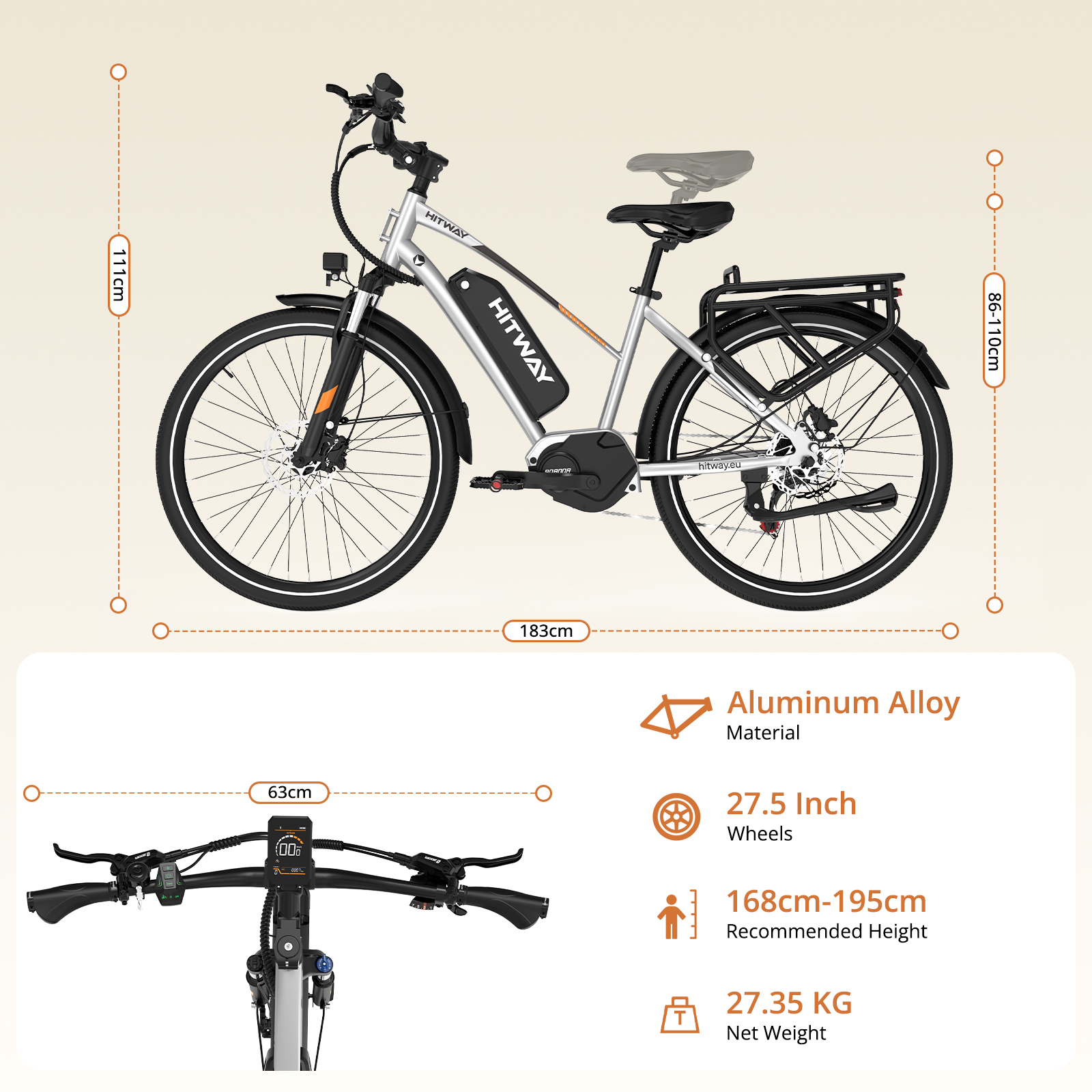 Srebrny e-bike z wymiarami: 183cm długości, 111cm wysokości, 86-110cm wysokości siodełka.
