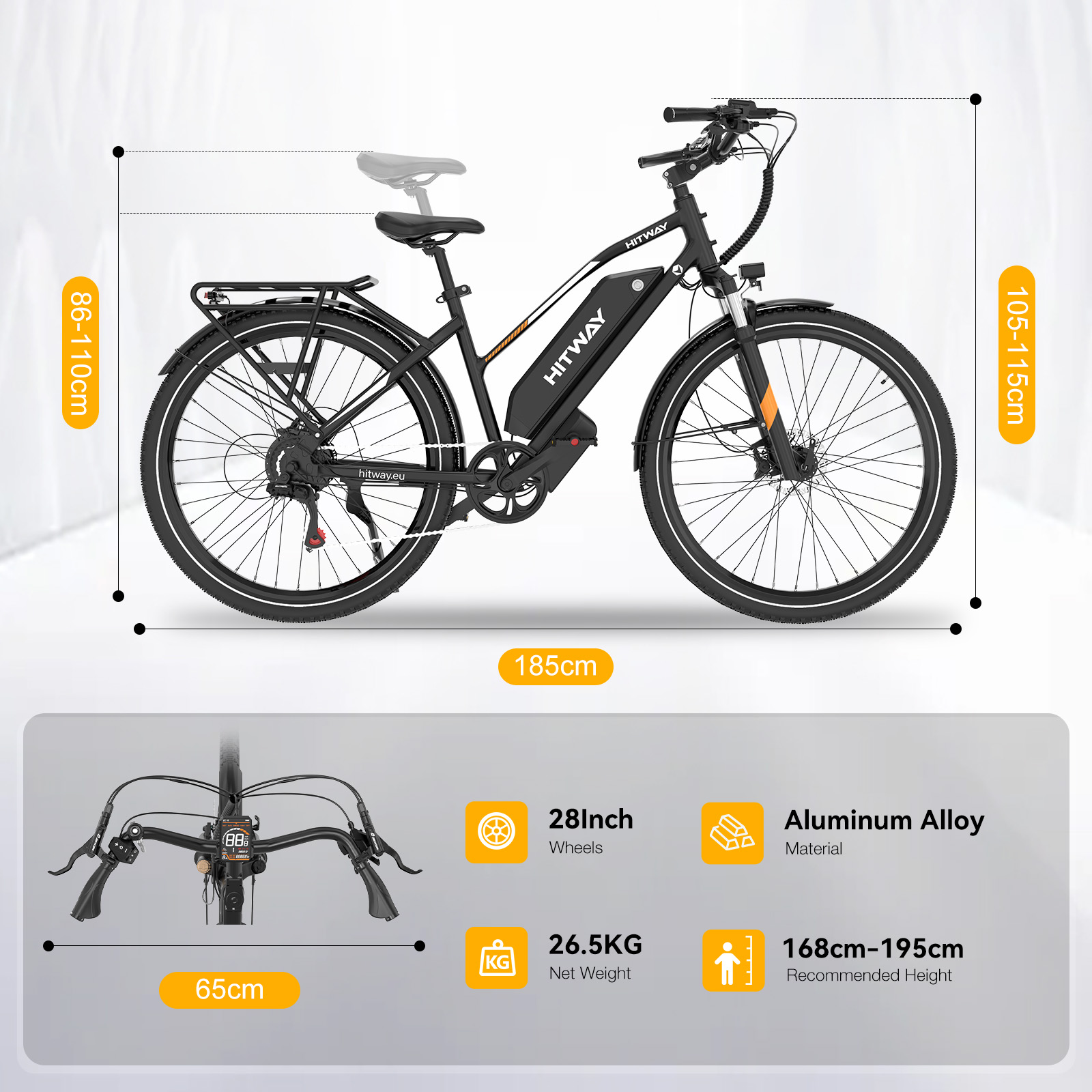Black e-bike with 28-inch wheels, aluminum alloy, 26.5kg weight.