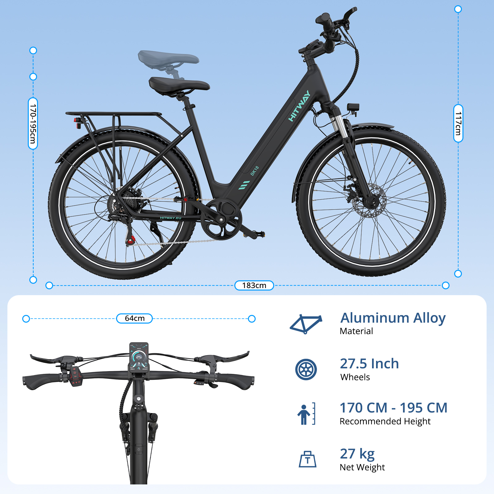 Czarny rower elektryczny z srebrnymi akcentami, kołami 27,5 cala i wyświetlaczem.